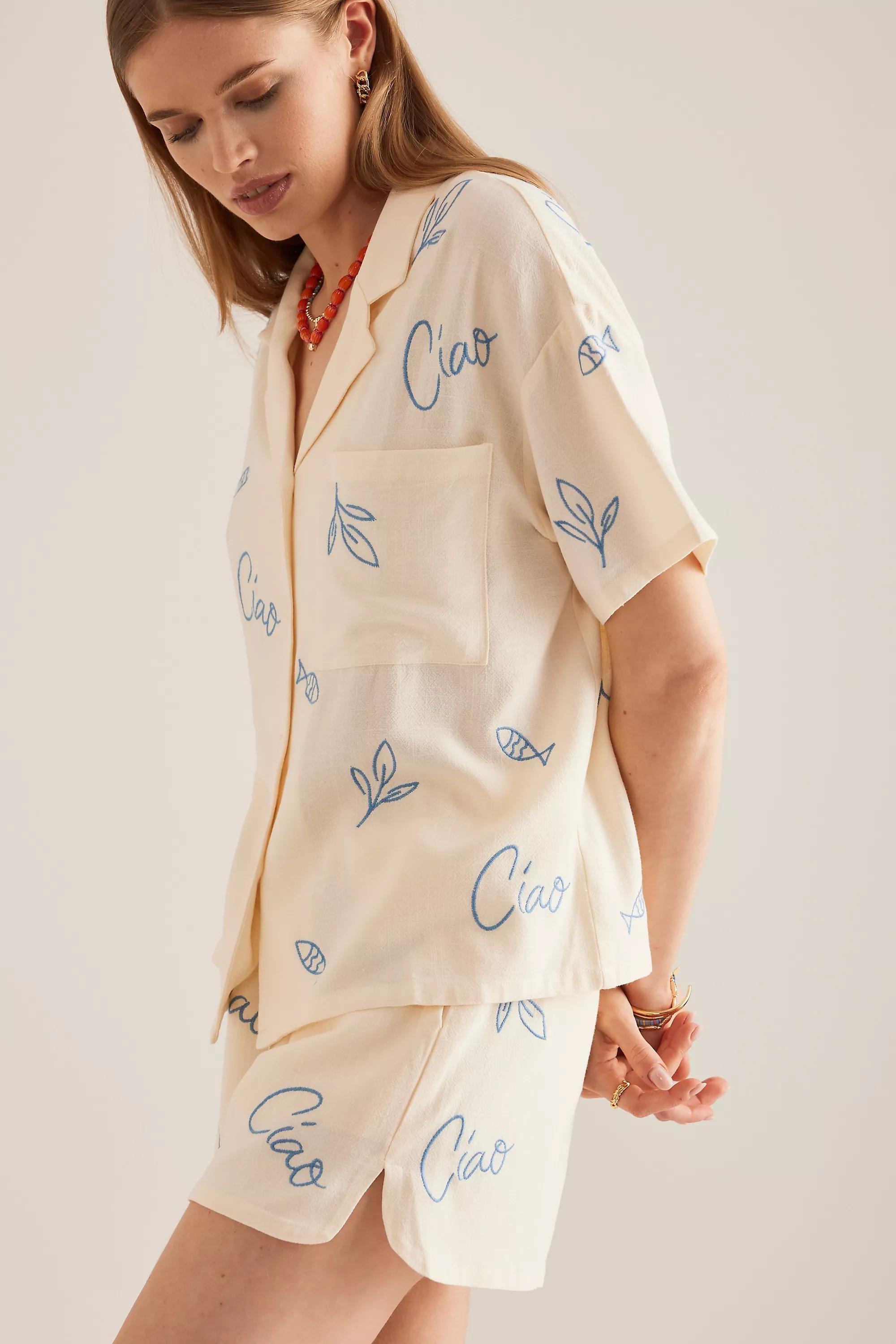 By Flat White Embroidered Linen Blend Shorts, White, , large image number 3