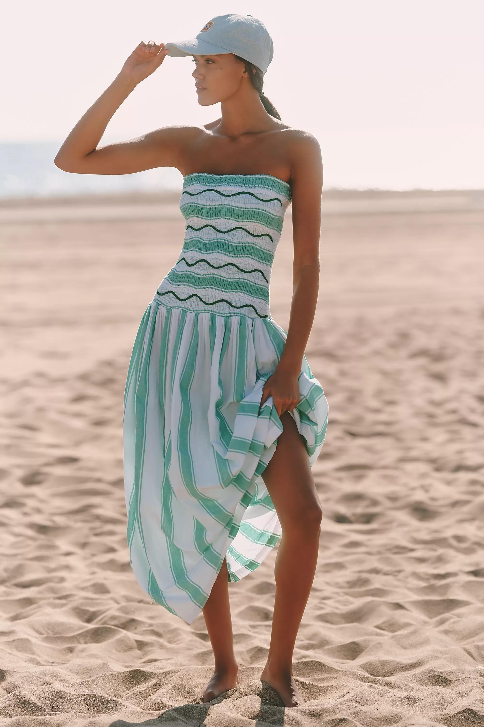By Celandine Strapless Smocked Drop-Waist Midi Dress, Green, A501_0033, medium