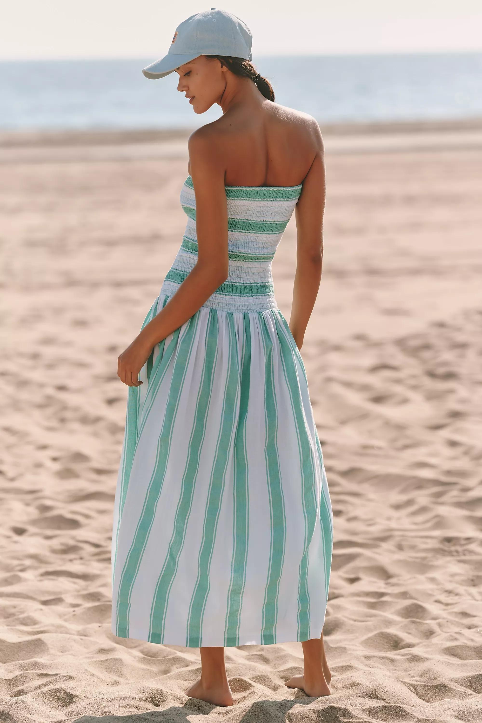 By Celandine Strapless Smocked Drop-Waist Midi Dress, Green, A501_0033, medium