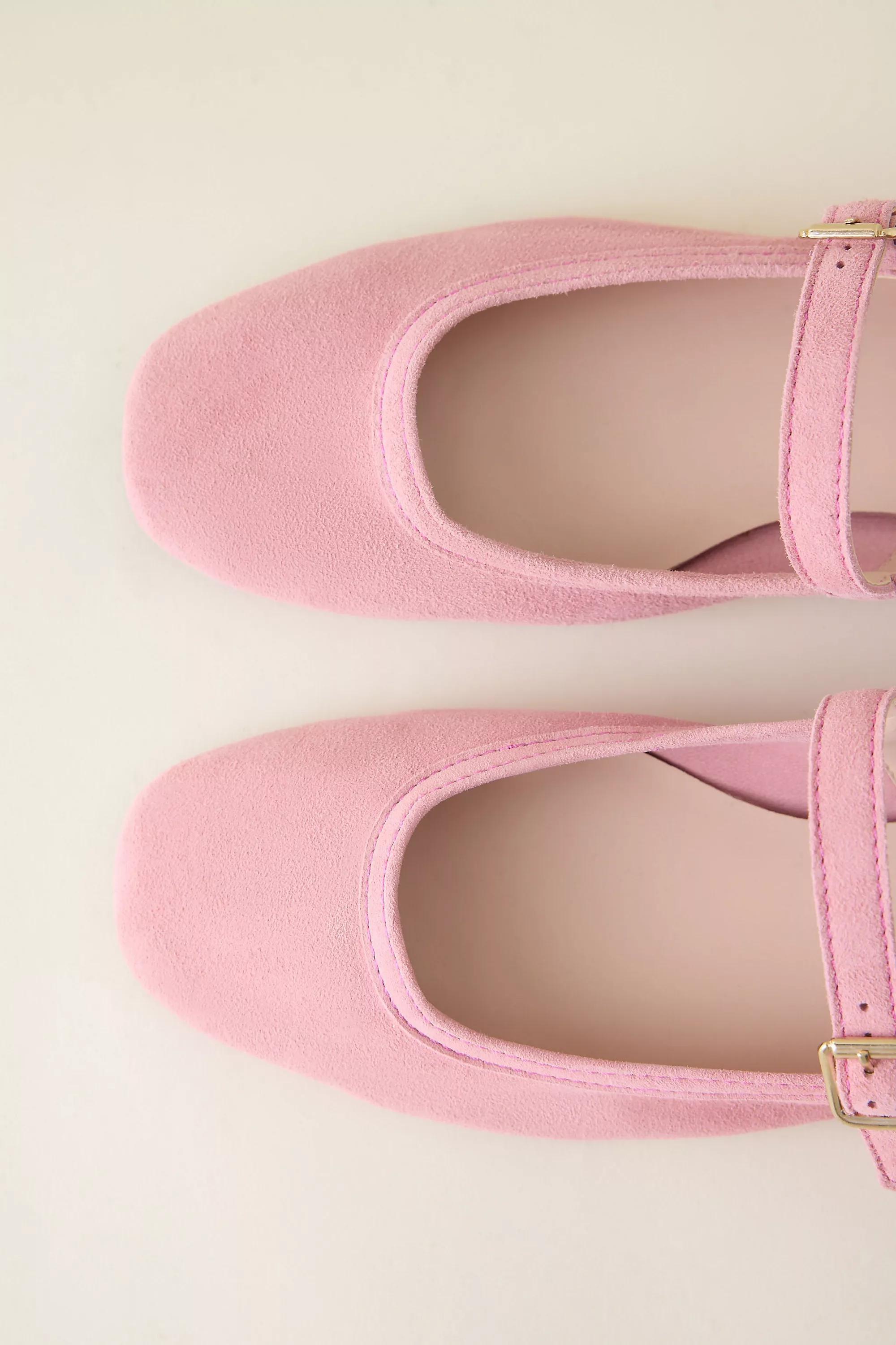 Suede Ballet Flats, Rose, Red, large image number 1