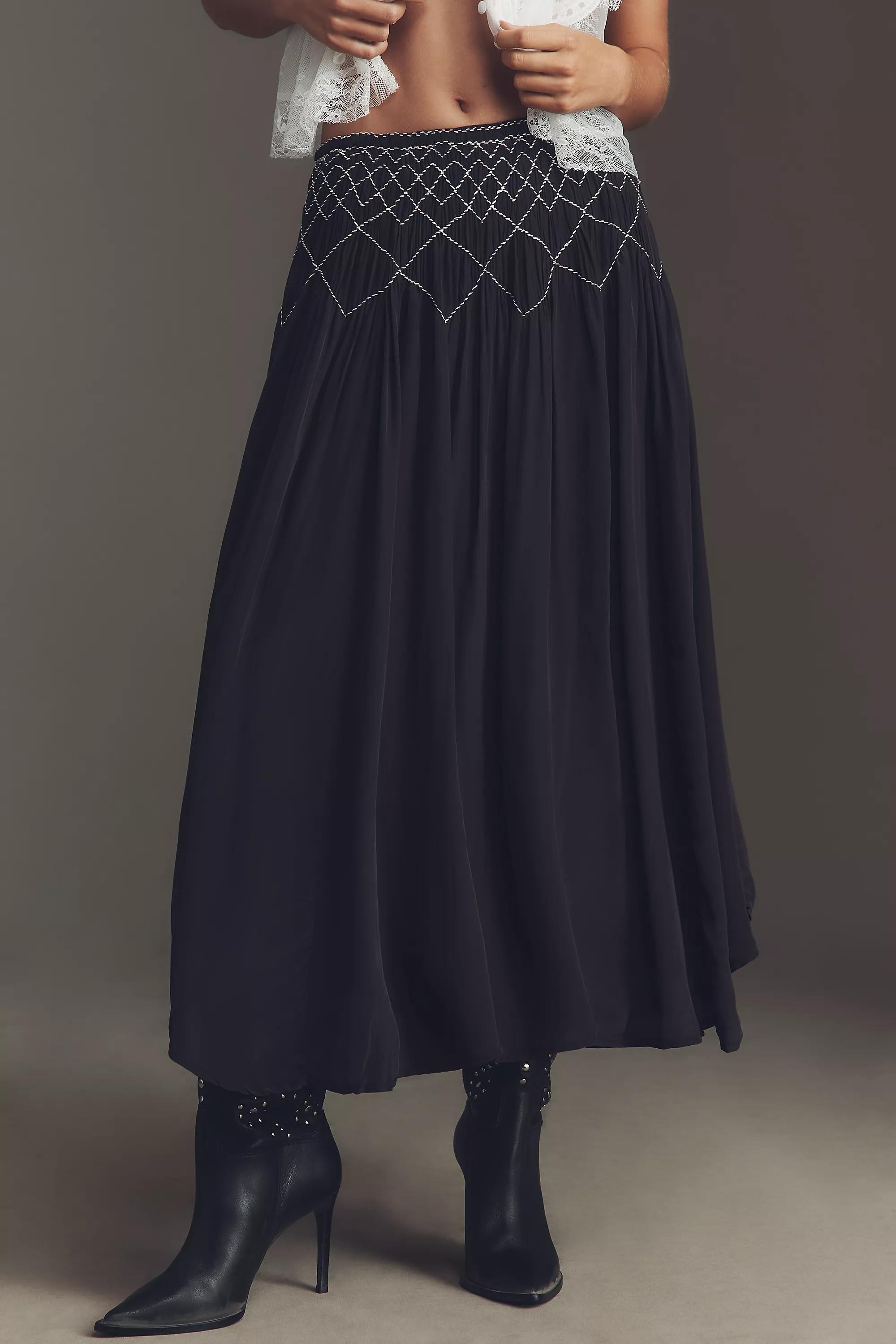 By Anthropologie Smocked Soft Midi Skirt, Black, A501_0001, large image number 0