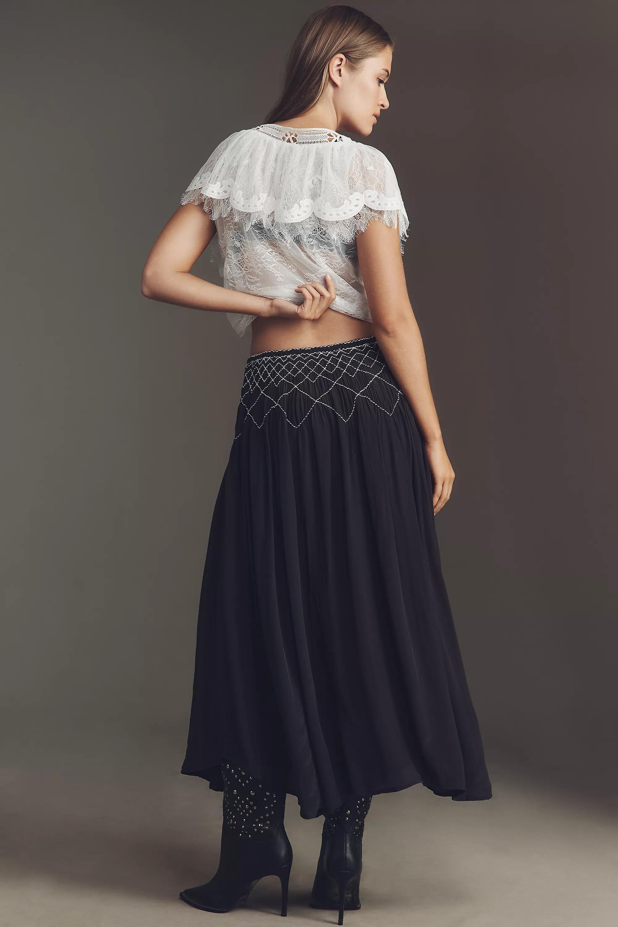 By Anthropologie Smocked Soft Midi Skirt, Black, A501_0001, medium