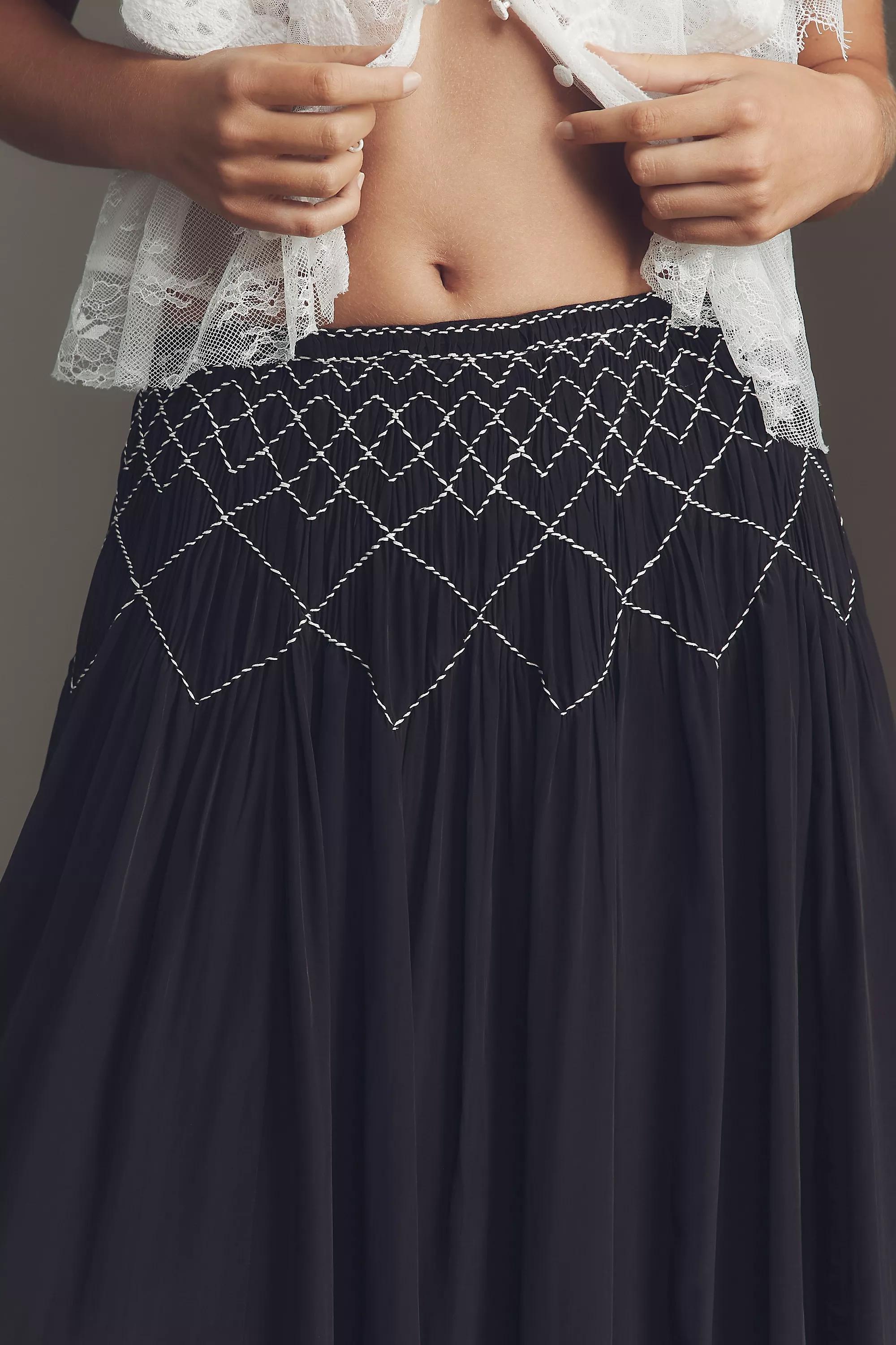 By Anthropologie Smocked Soft Midi Skirt, Black, A501_0001, medium