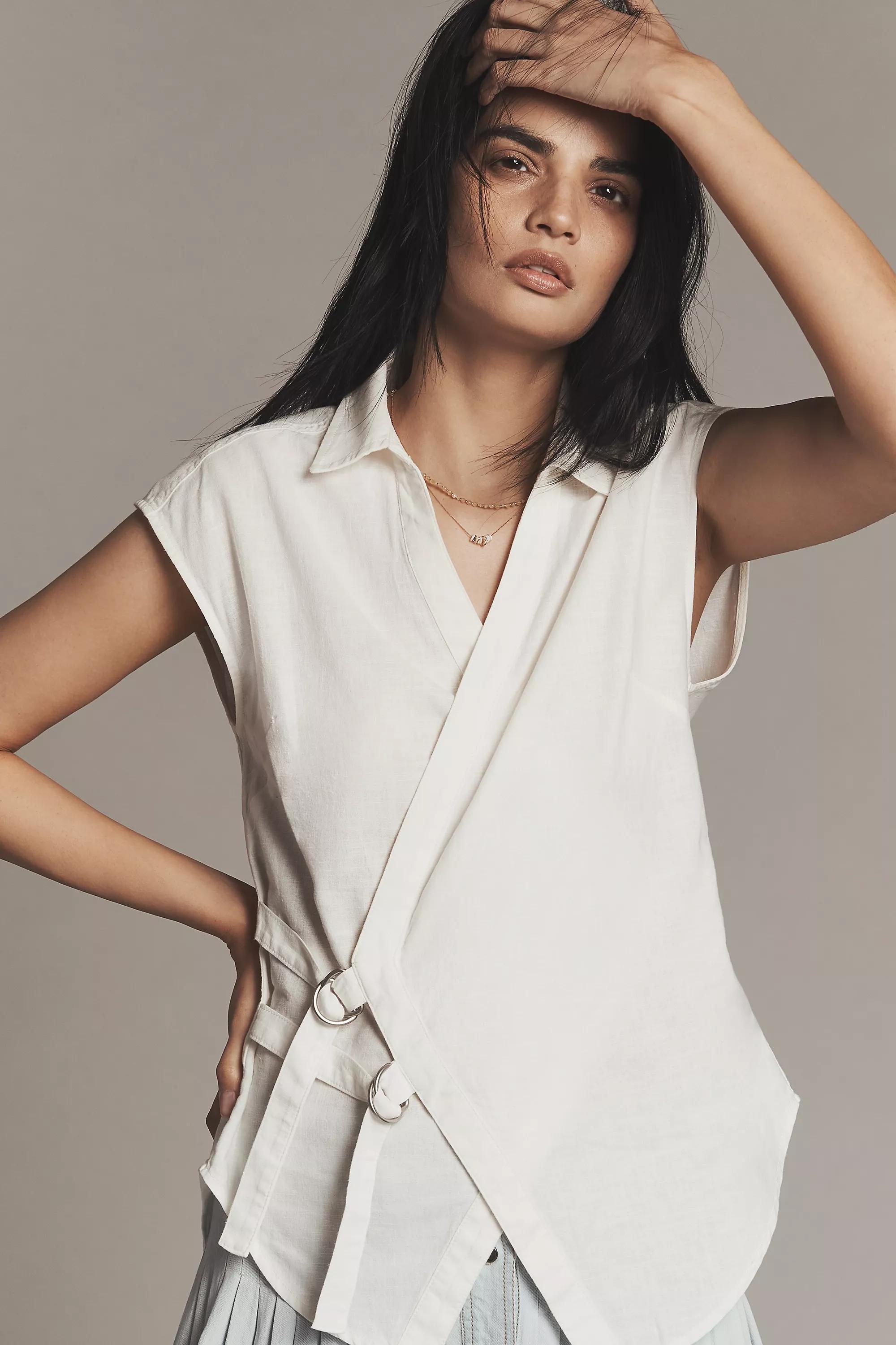 By Pilcro Belted Wrap Linen Cotton Blouse, White, , large image number 0