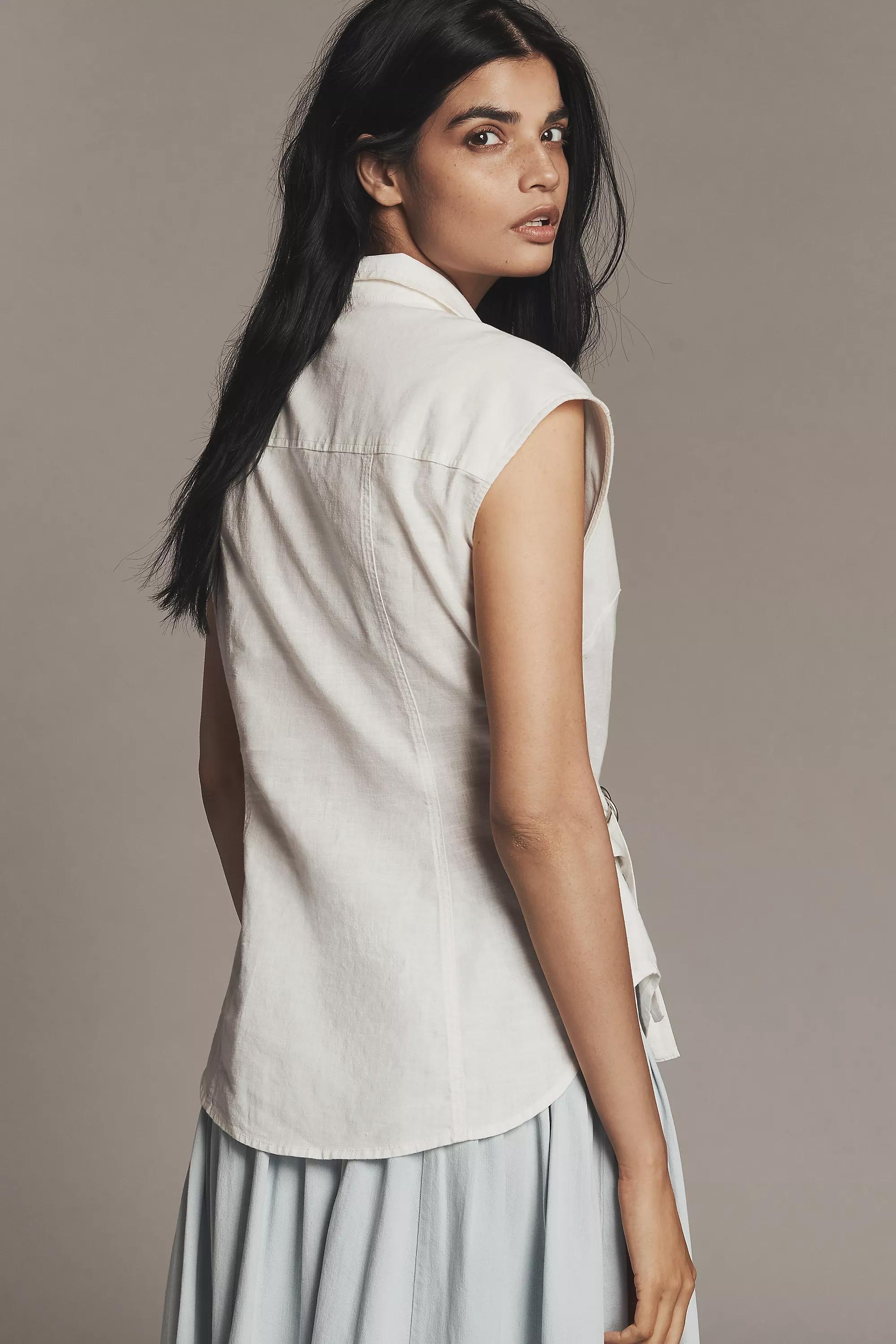 By Pilcro Belted Wrap Linen Cotton Blouse, White, , large image number 1