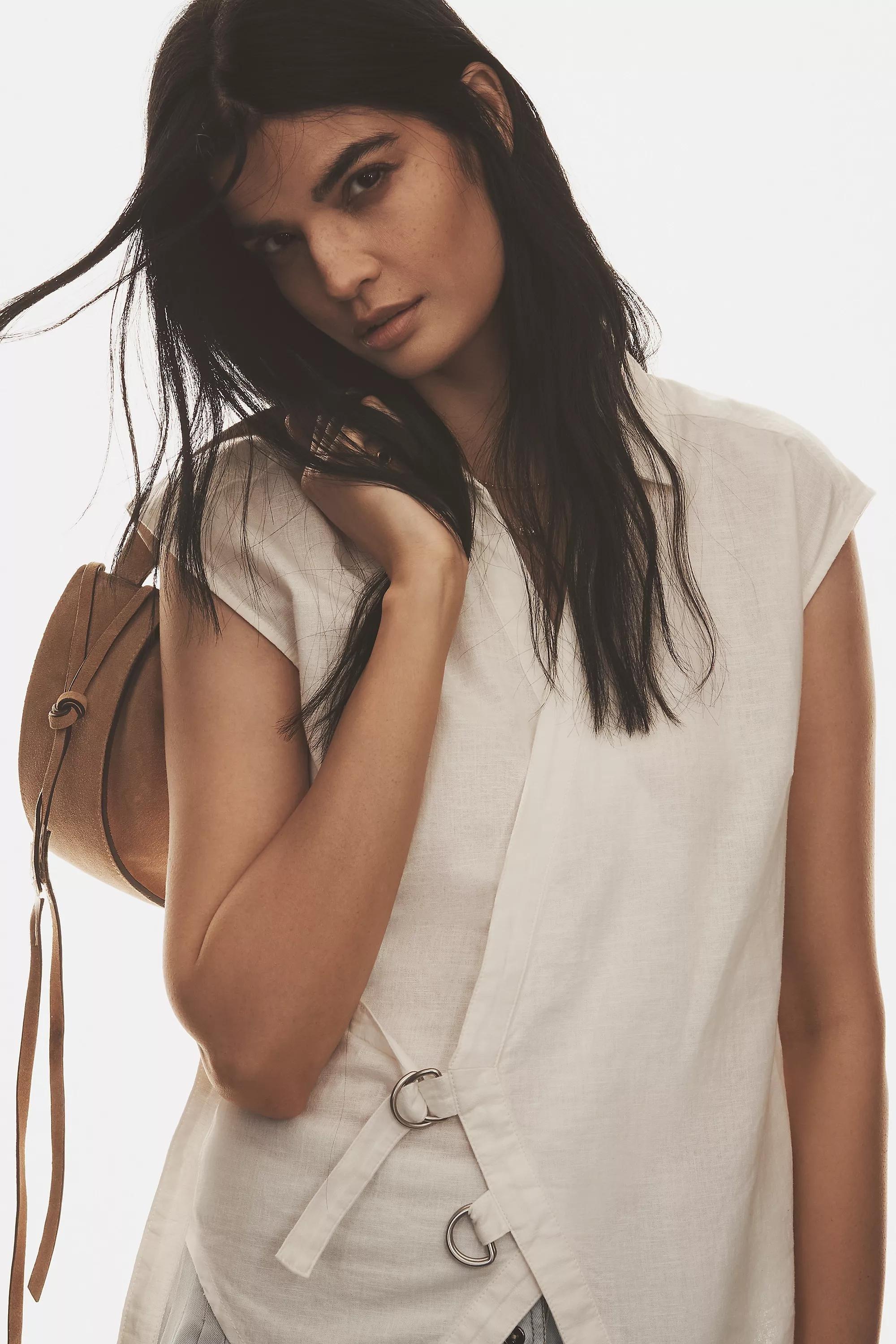 By Pilcro Belted Wrap Linen Cotton Blouse, White, , large image number 3