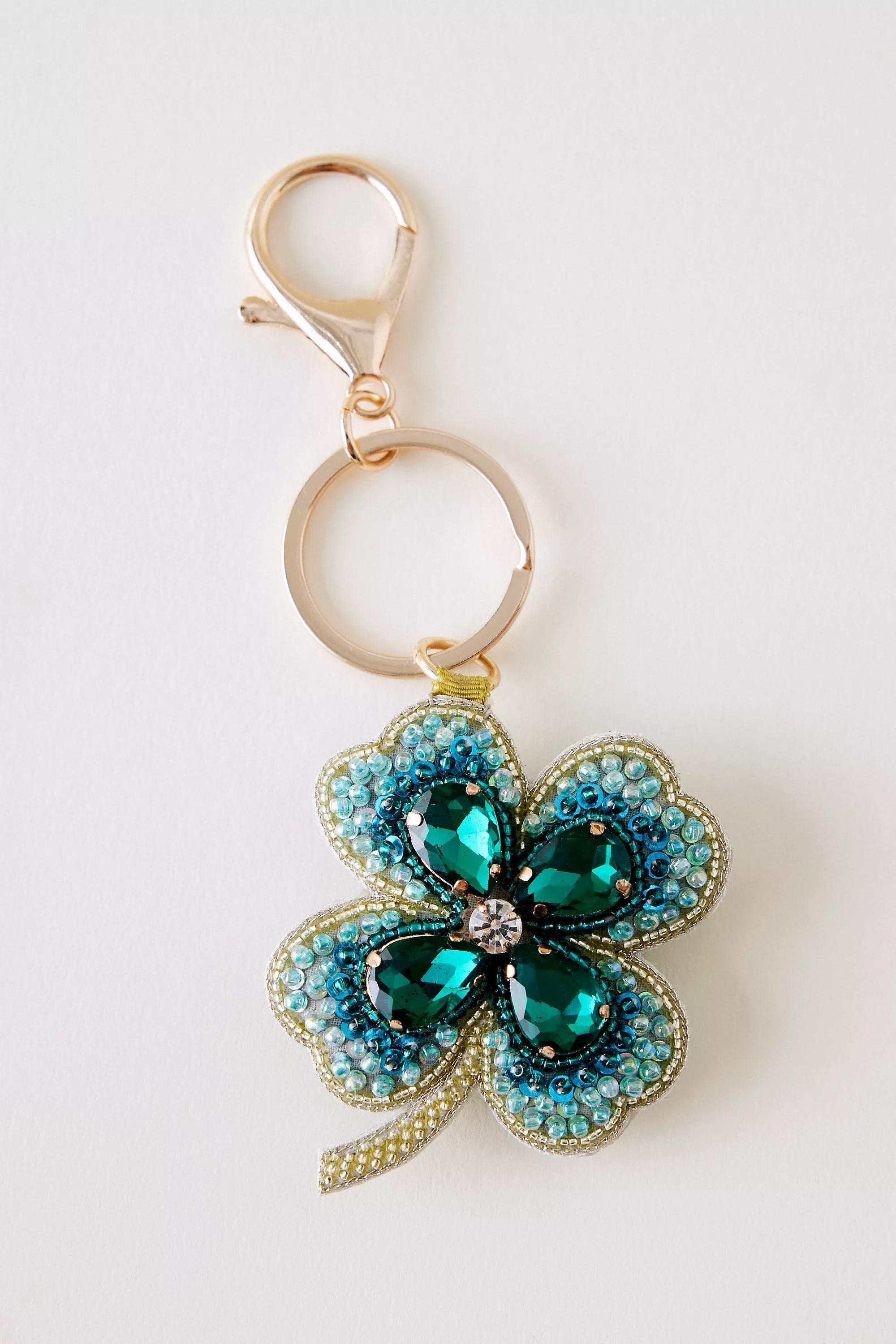 Four-Leaf Clover Beaded Bag Charm, Blue, A501_0030, medium