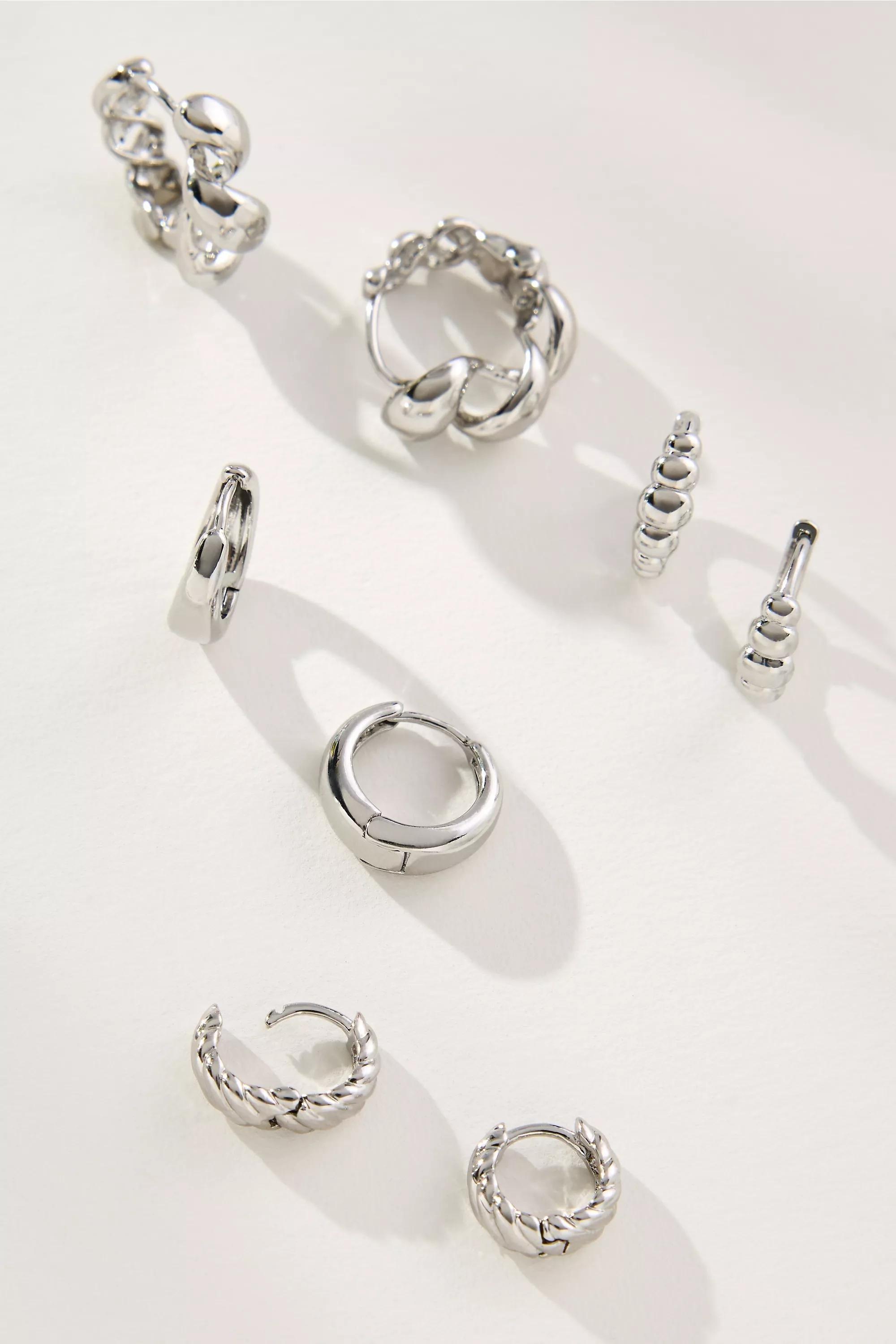 Mixed Rib Huggie Hoop Earrings, Set Of 4, Silver, A501_0007, large image number 1