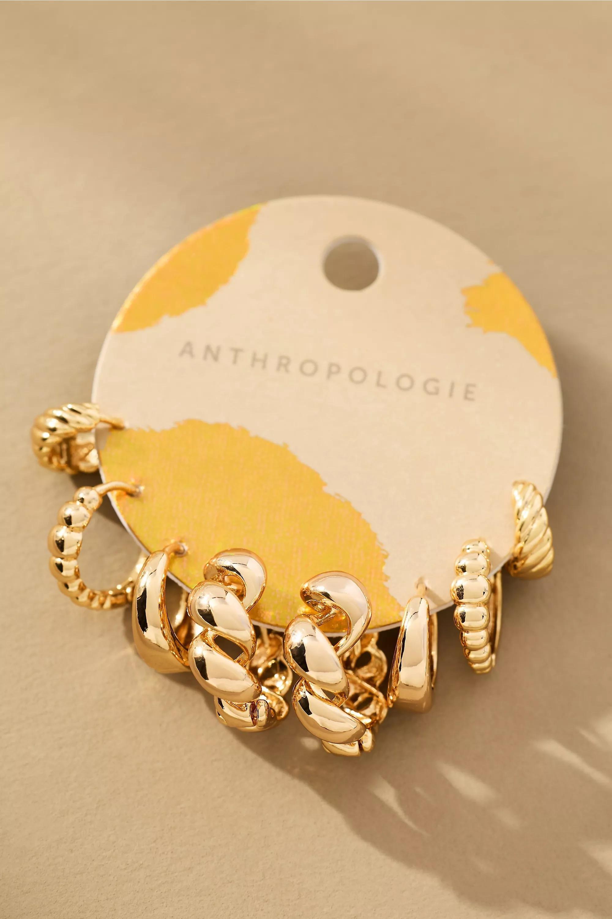 Mixed Rib Huggie Hoop Earrings, Set Of 4, Gold, A501_0070, large image number 0