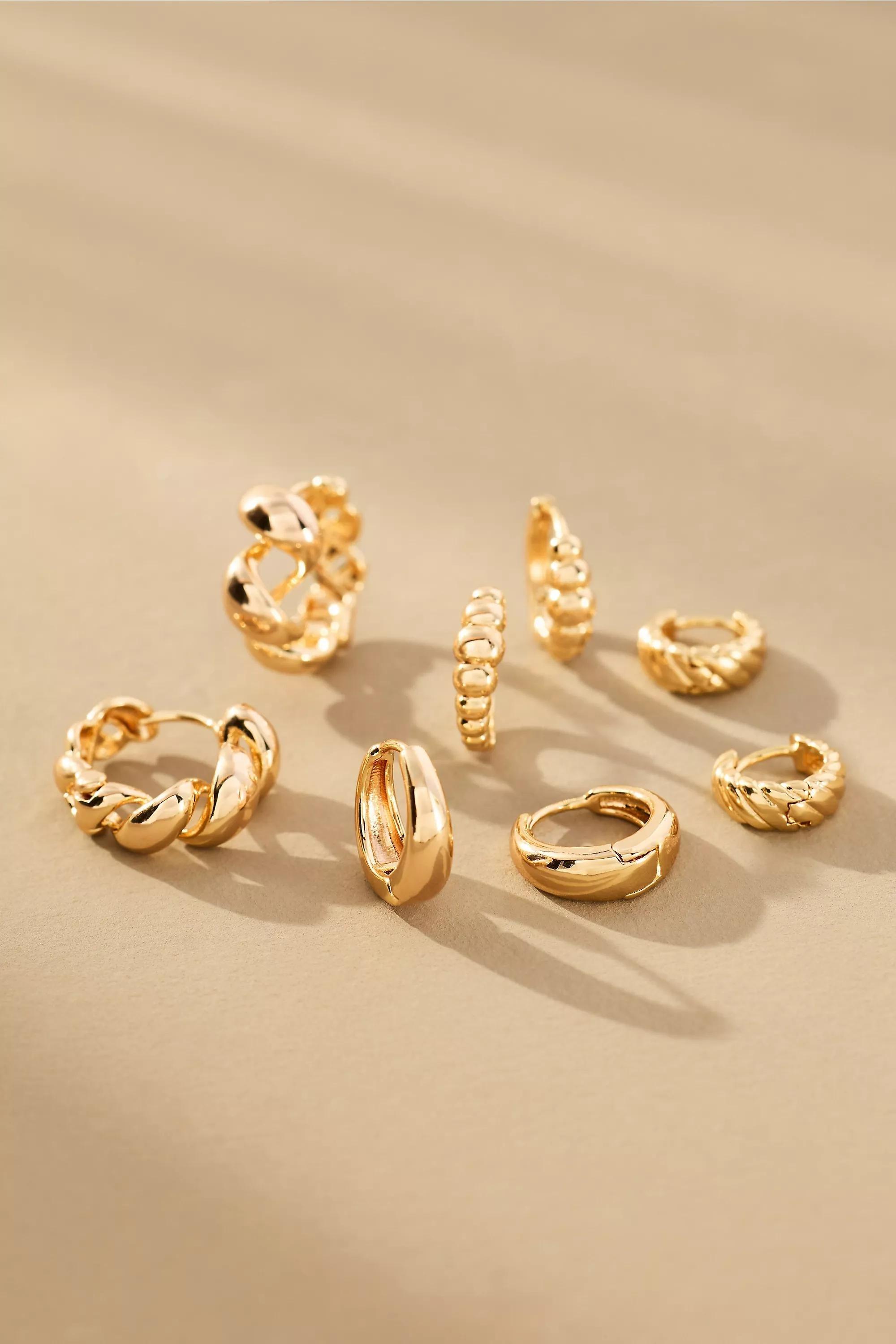 Mixed Rib Huggie Hoop Earrings, Set Of 4, Gold, A501_0070, large image number 3