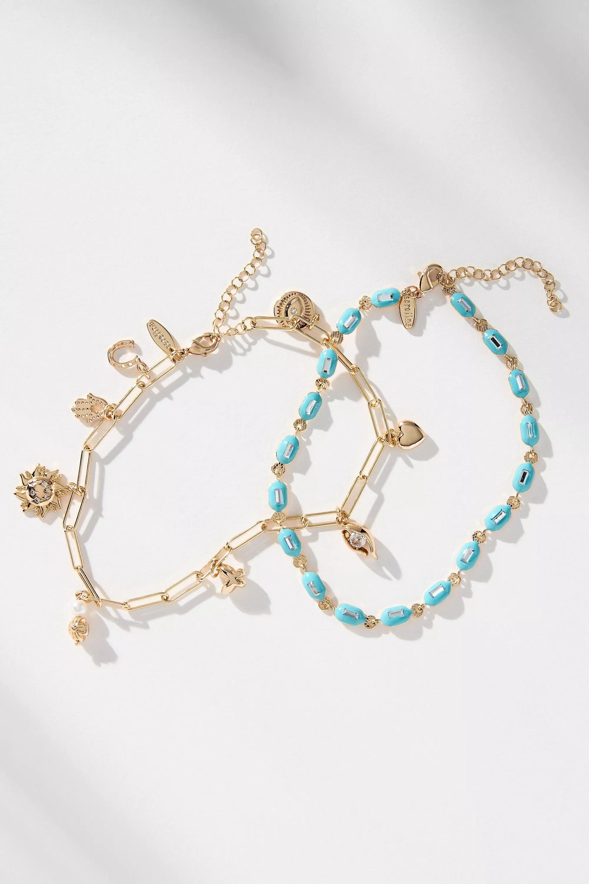 Beaded Charm Anklets, Set Of 2, Blue, A501_0045, large image number 0