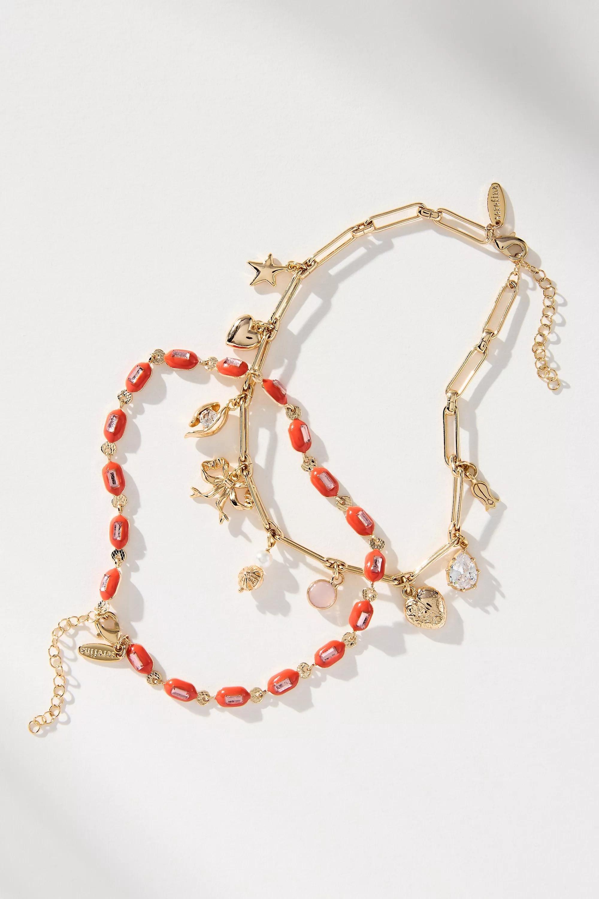 Beaded Charm Anklets, Set Of 2, Red, , medium