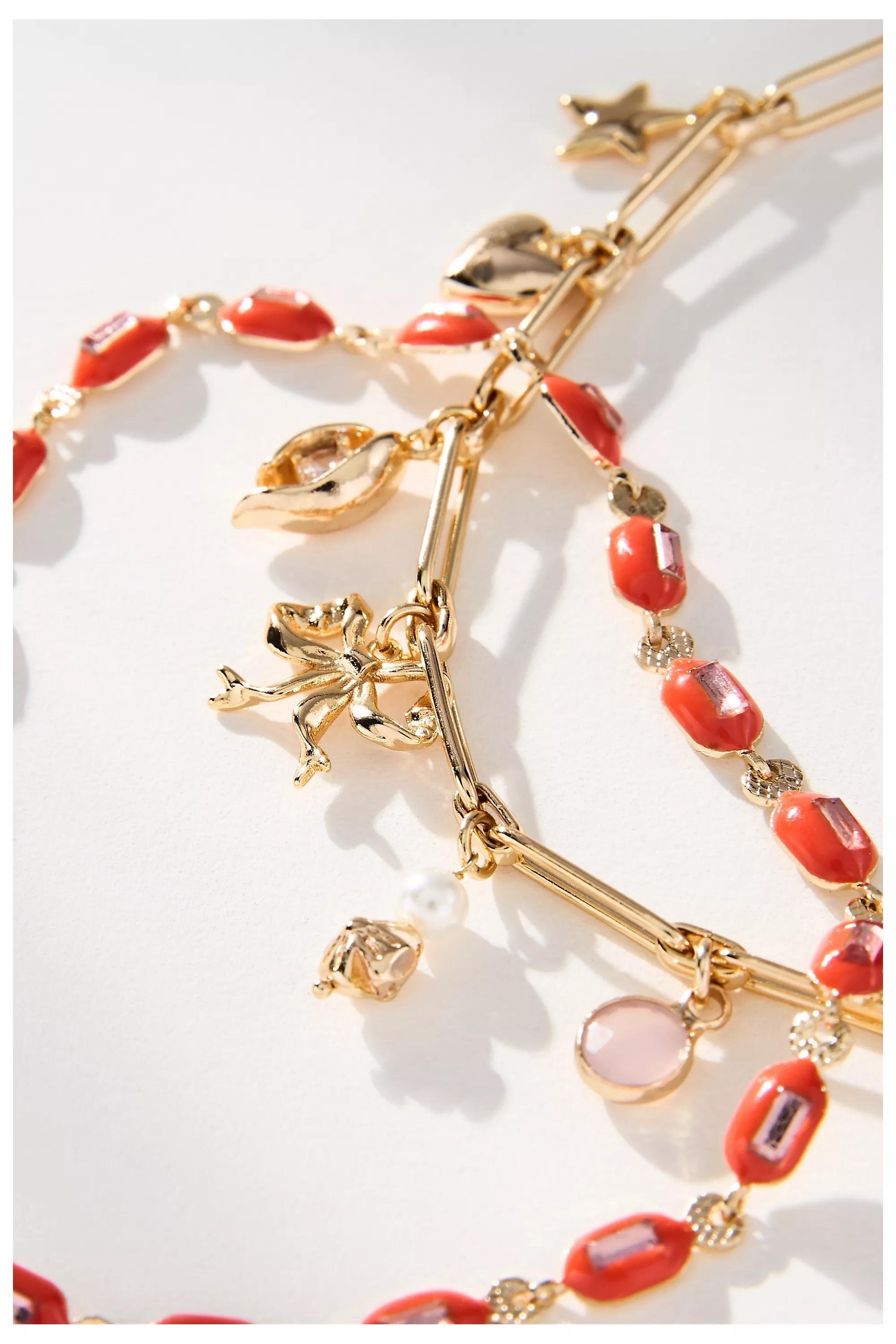 Beaded Charm Anklets, Set Of 2, Red, A501_0060, large image number 1