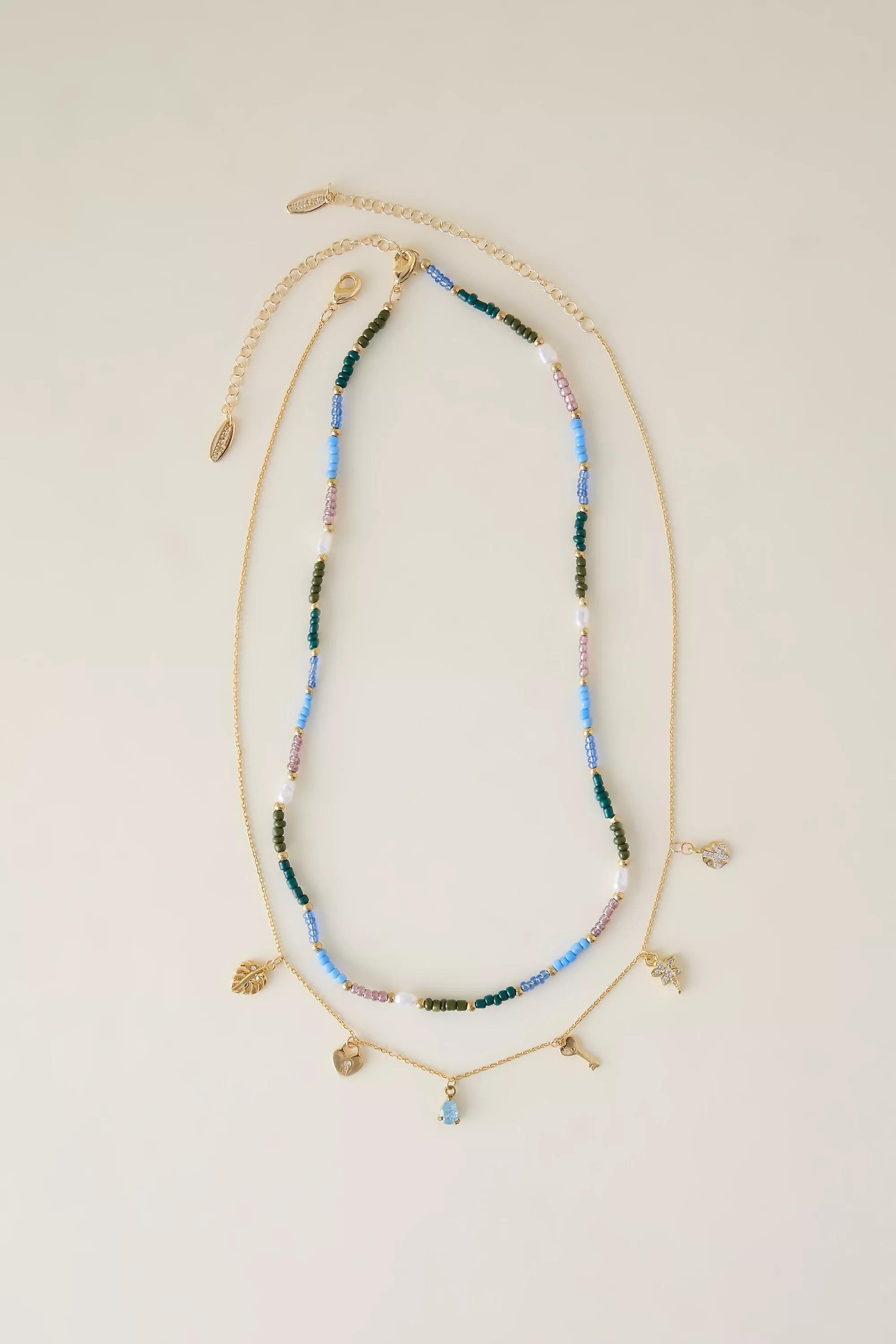 Beaded Charm Layered Necklace, Blue, A501_0040, large image number 0