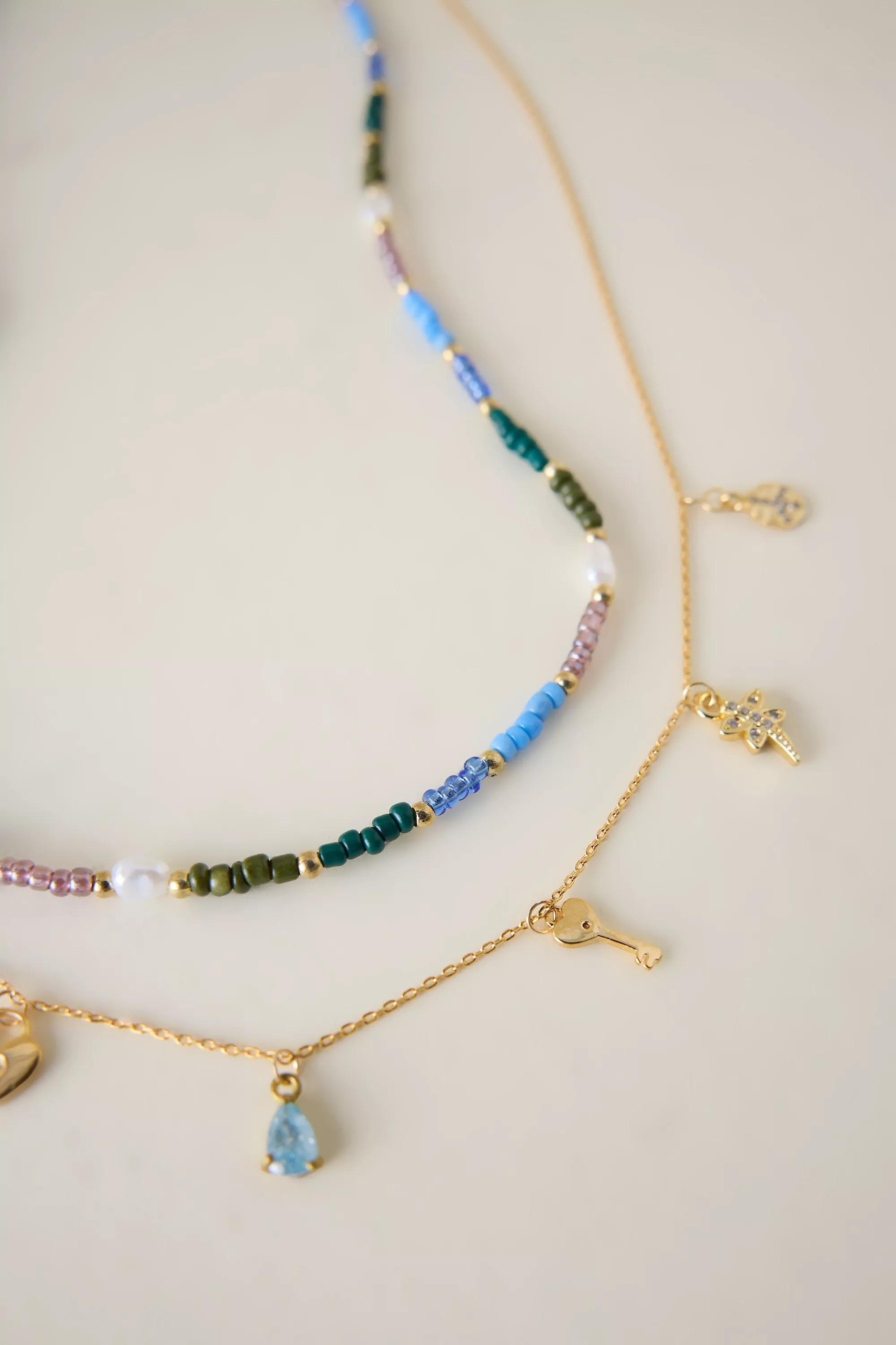 Beaded Charm Layered Necklace, Blue, A501_0040, large image number 1