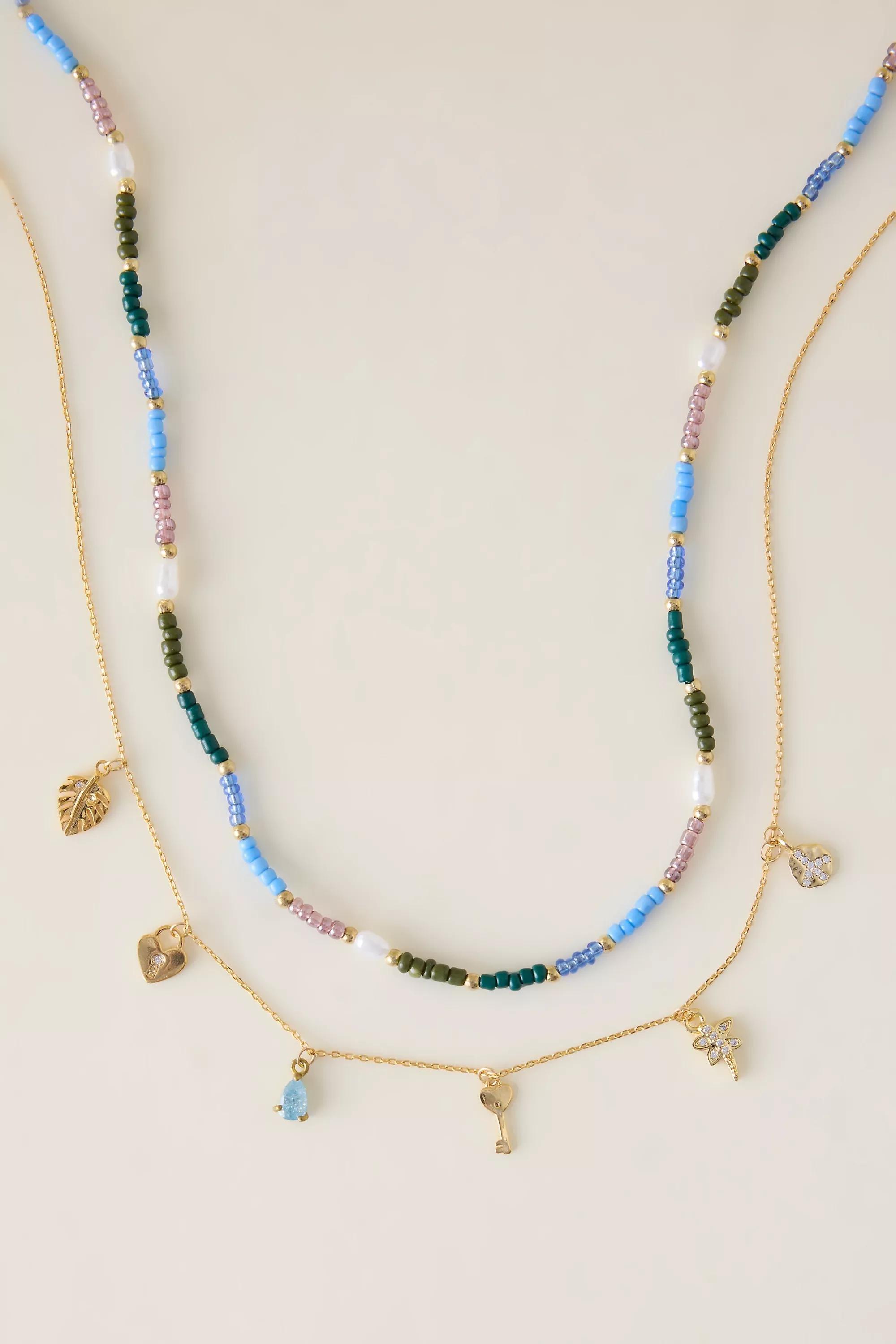 Beaded Charm Layered Necklace, Blue, A501_0040, large image number 2