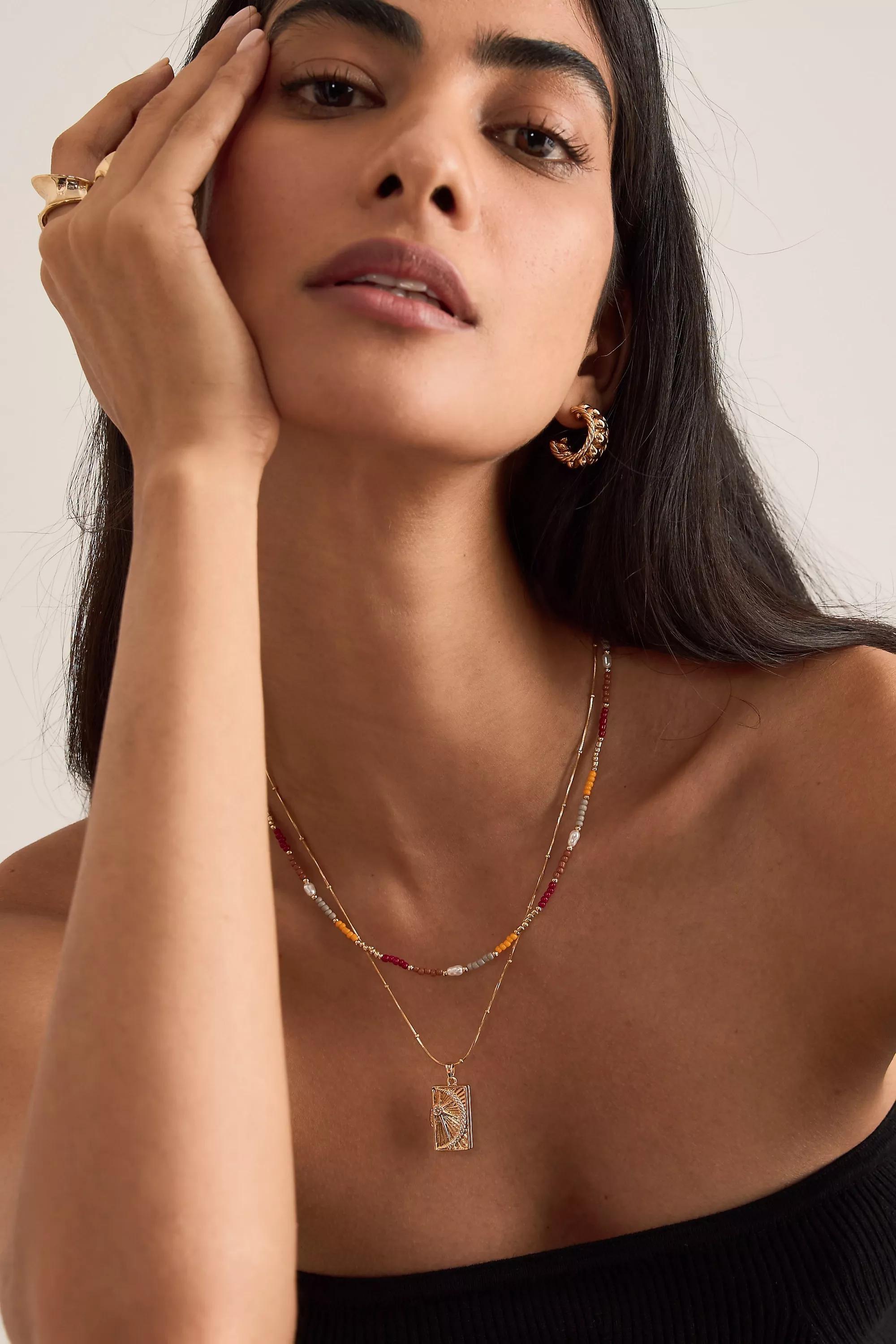 Beaded Charm Layered Necklace, Yellow, A501_0072, medium