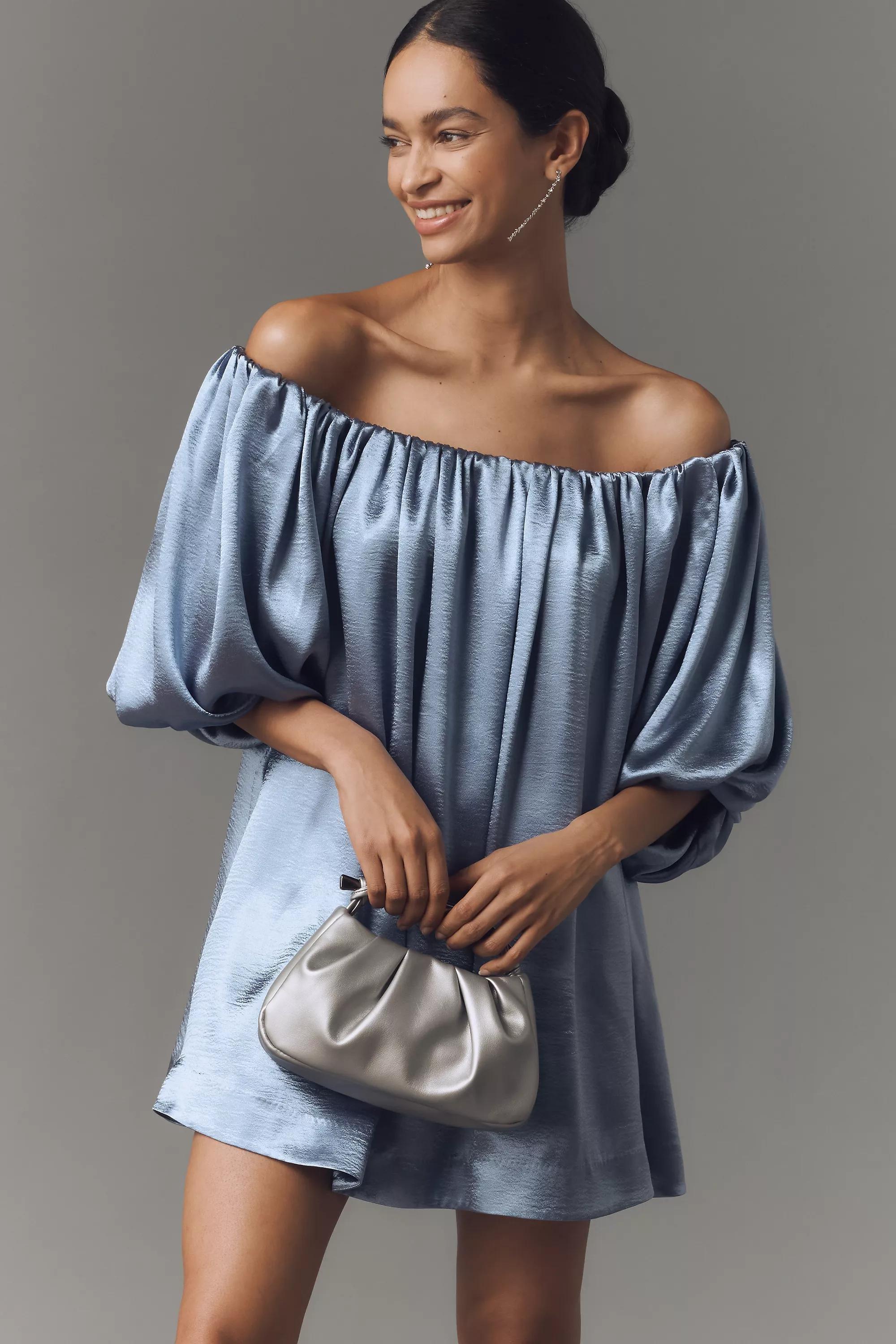 SLATE Mare Mare Off-The-Shoulder Puff-Sleeve Shine Mini Dress, , large image number 0