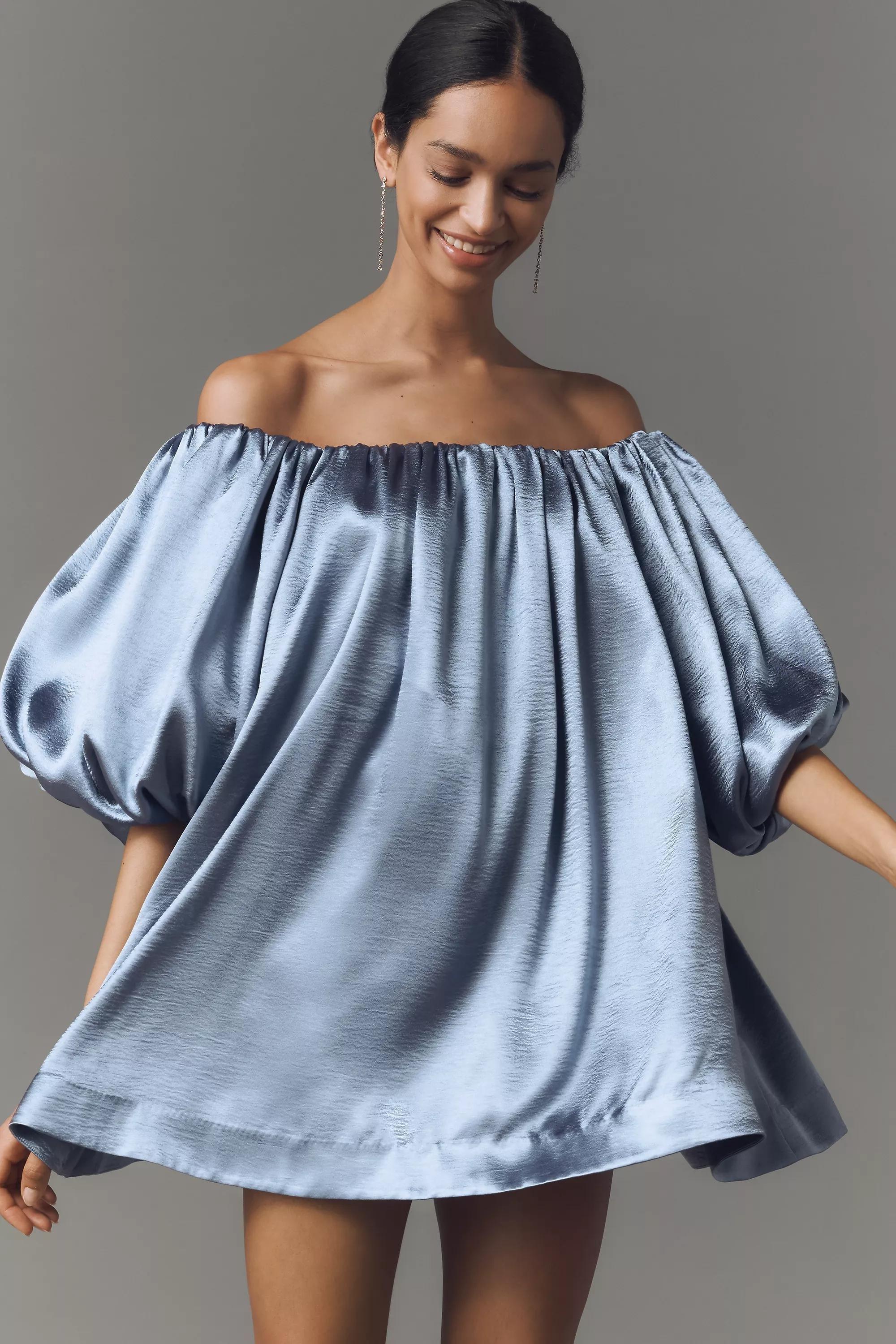 SLATE Mare Mare Off-The-Shoulder Puff-Sleeve Shine Mini Dress, , large image number 1