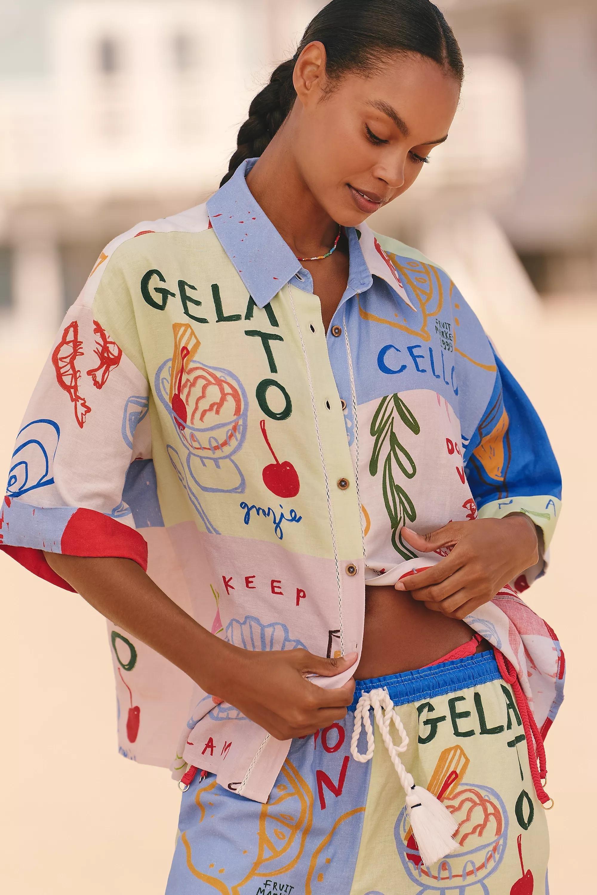 Jordan Nickson X Celandine Linen Printed Blouse, Multicolour, A501_0090, large image number 0