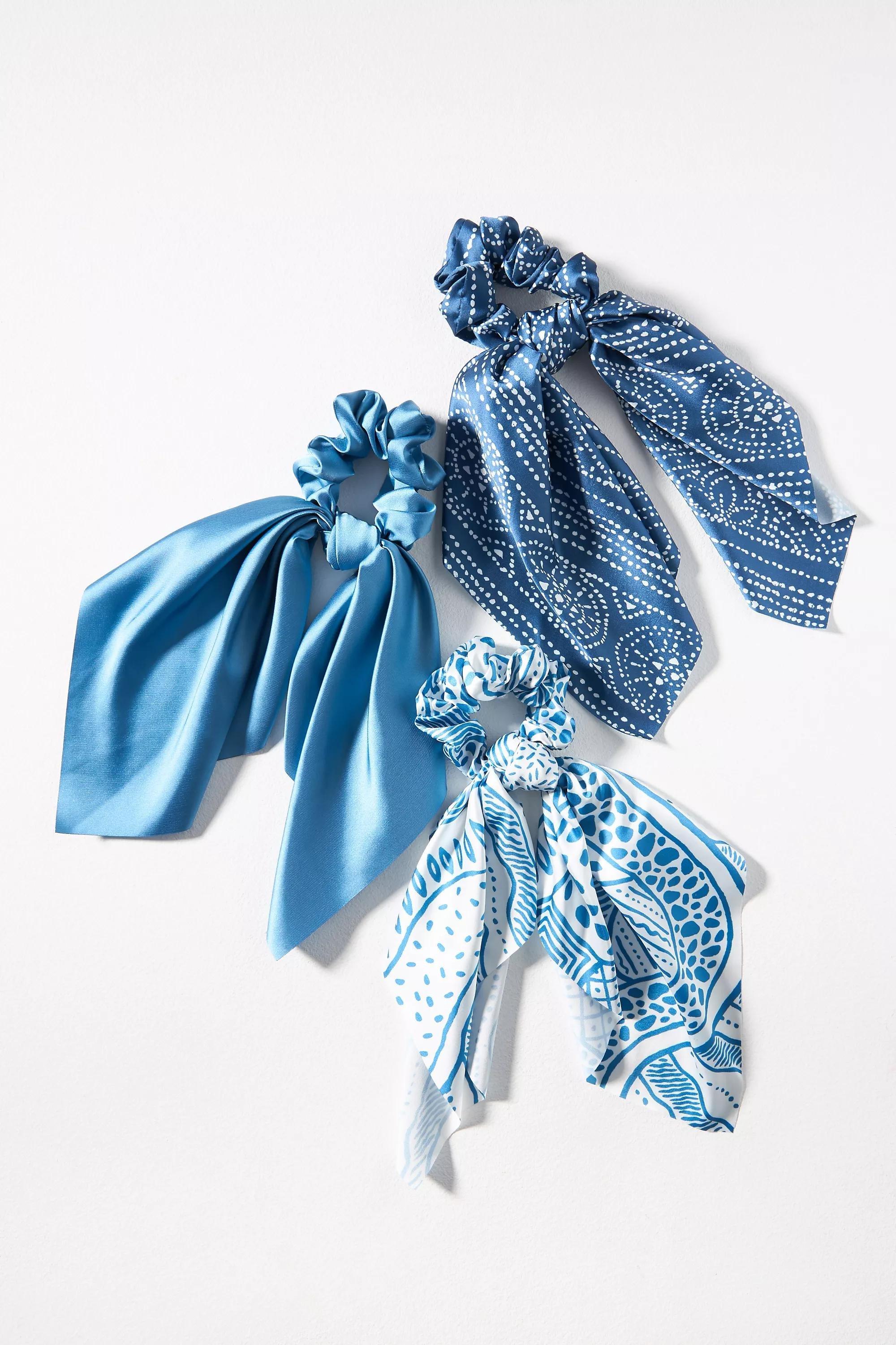 BLUE Assorted Patterned Hair Scarf Scrunchies, Set of 3, A501_0040, large image number 0