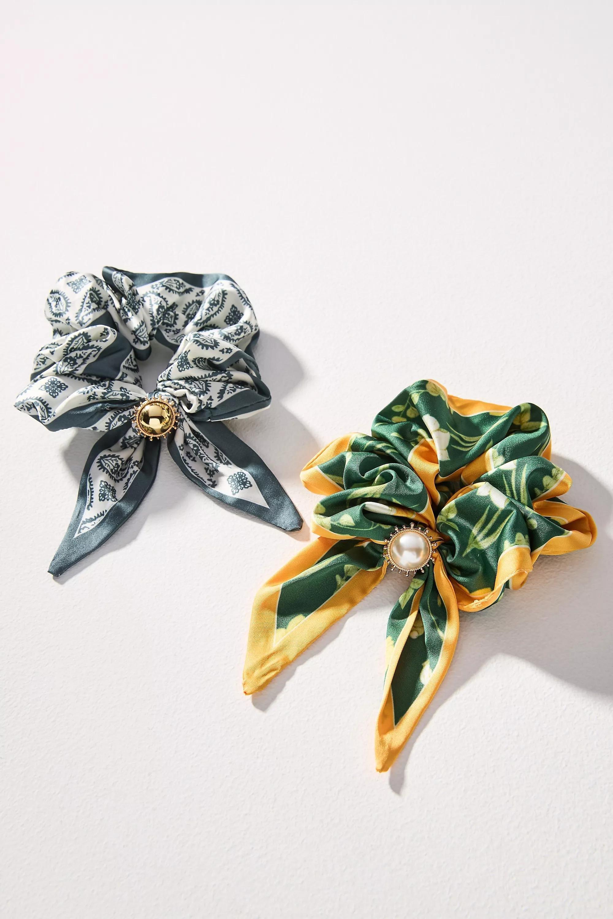 Charmed Scarf Scrunchies, Set Of 2, Green, Green, medium