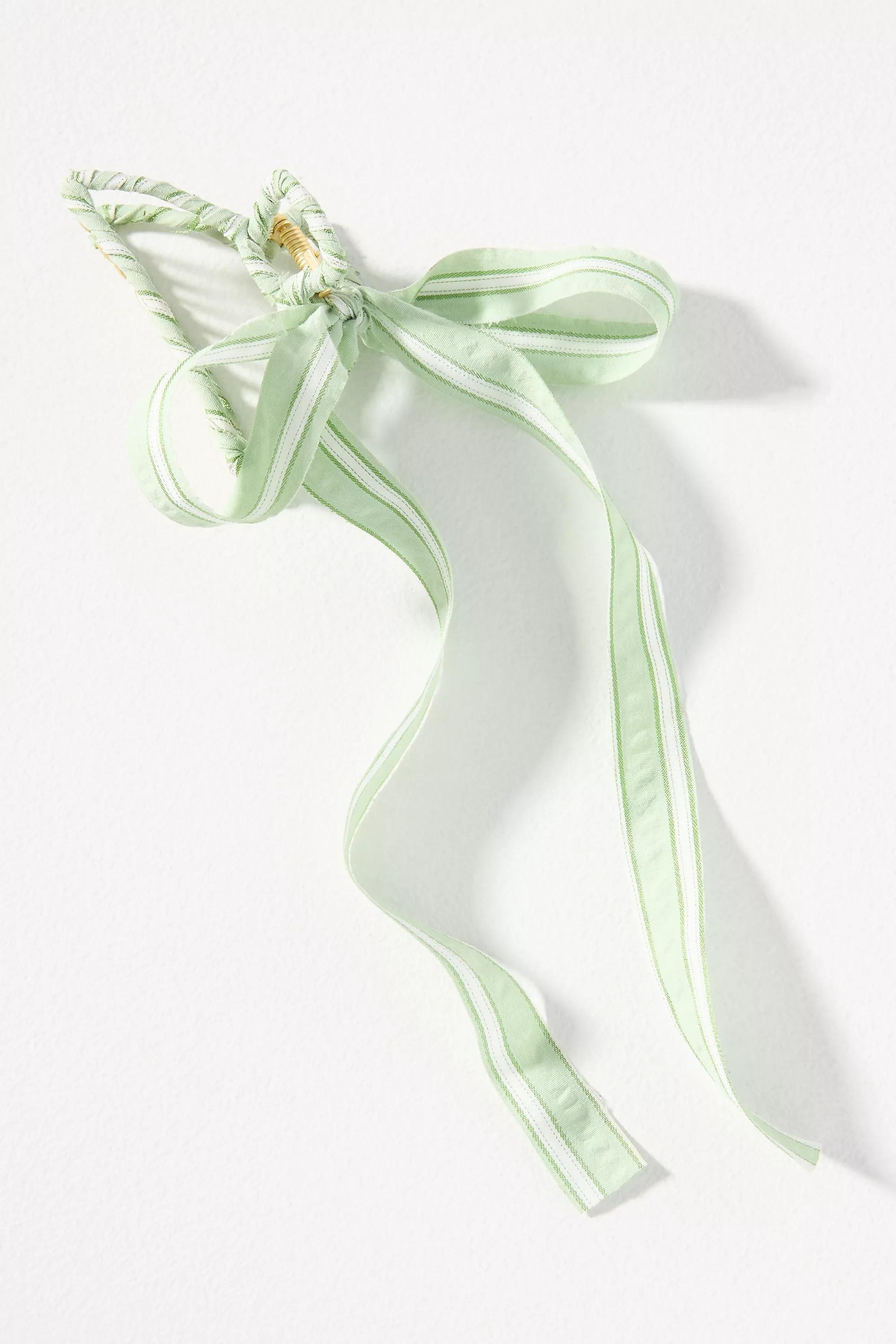 LIGHT GREEN Clubhouse Striped Bow Hair Claw Clip, A501_0237, large image number 0