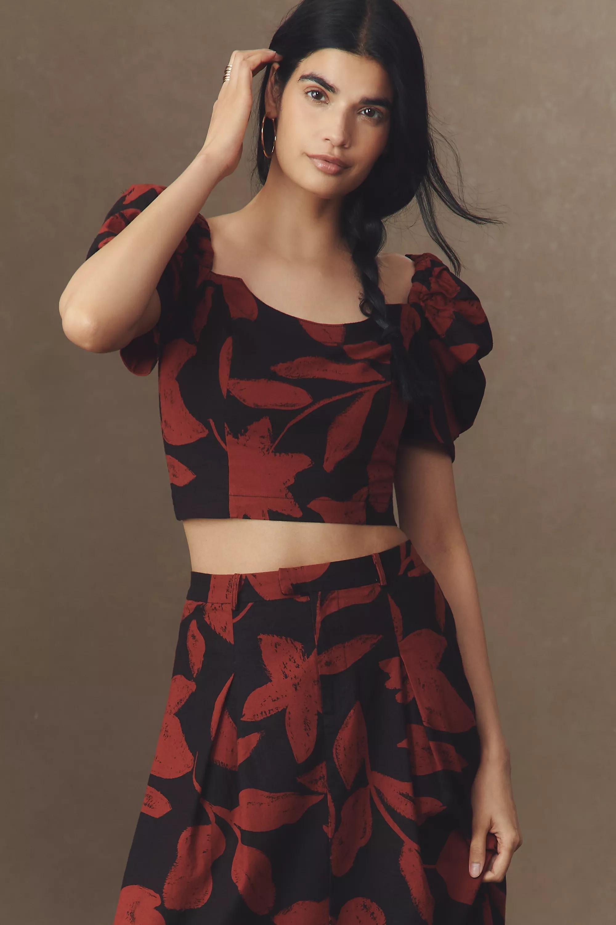 Puff-Sleeve Linen Blend Crop Top, Brown, A501_0029, medium