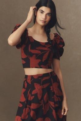 Puff-Sleeve Linen Blend Crop Top, Brown, A501_0029, medium