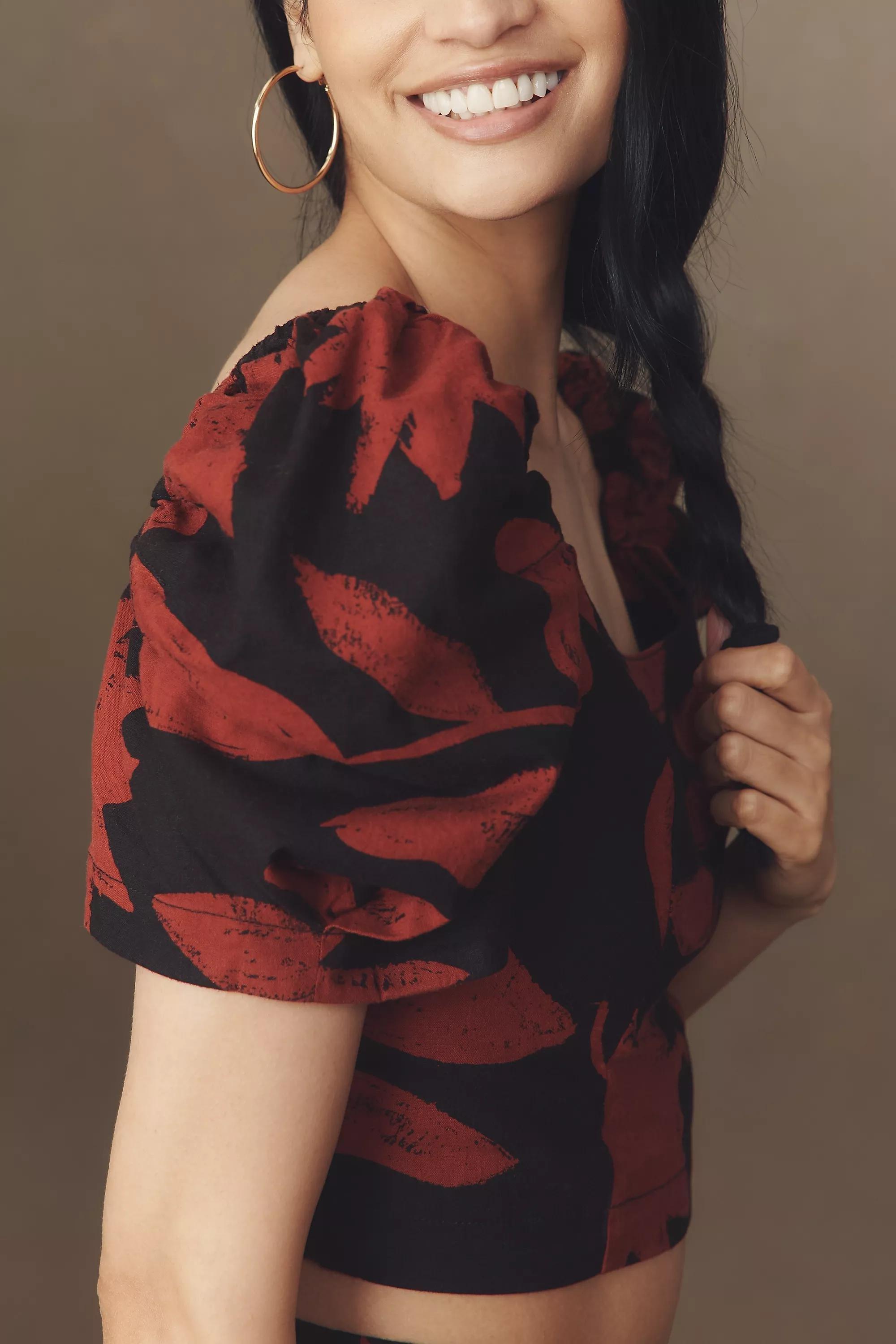 Puff-Sleeve Linen Blend Crop Top, Brown, A501_0029, medium