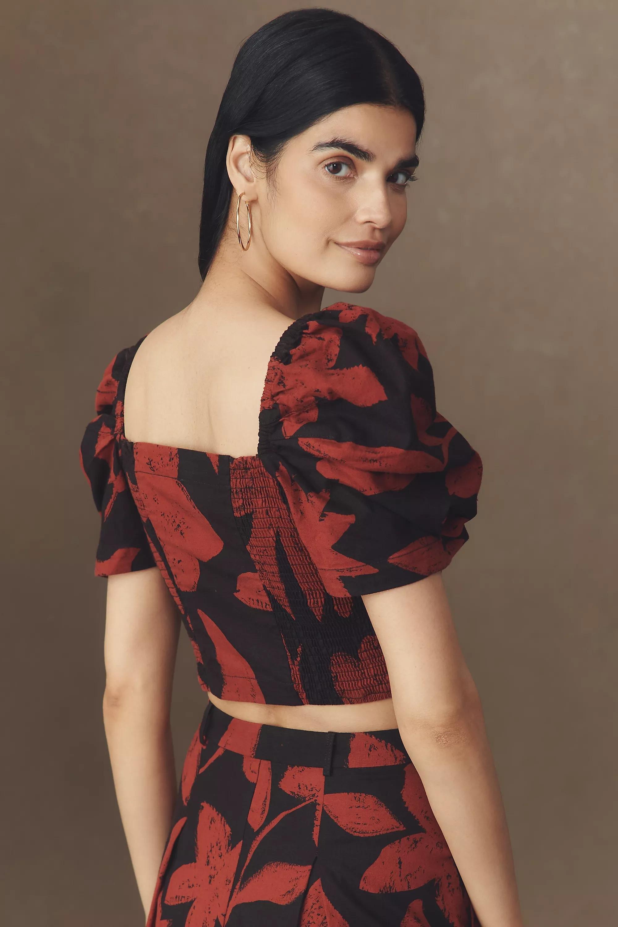 Puff-Sleeve Linen Blend Crop Top, Brown, A501_0029, large image number 4