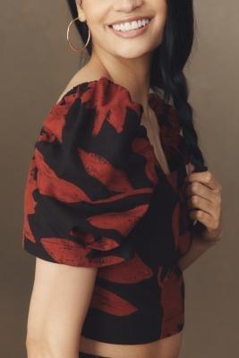 Puff-Sleeve Linen Blend Crop Top, Brown, A501_0029, large image number 5