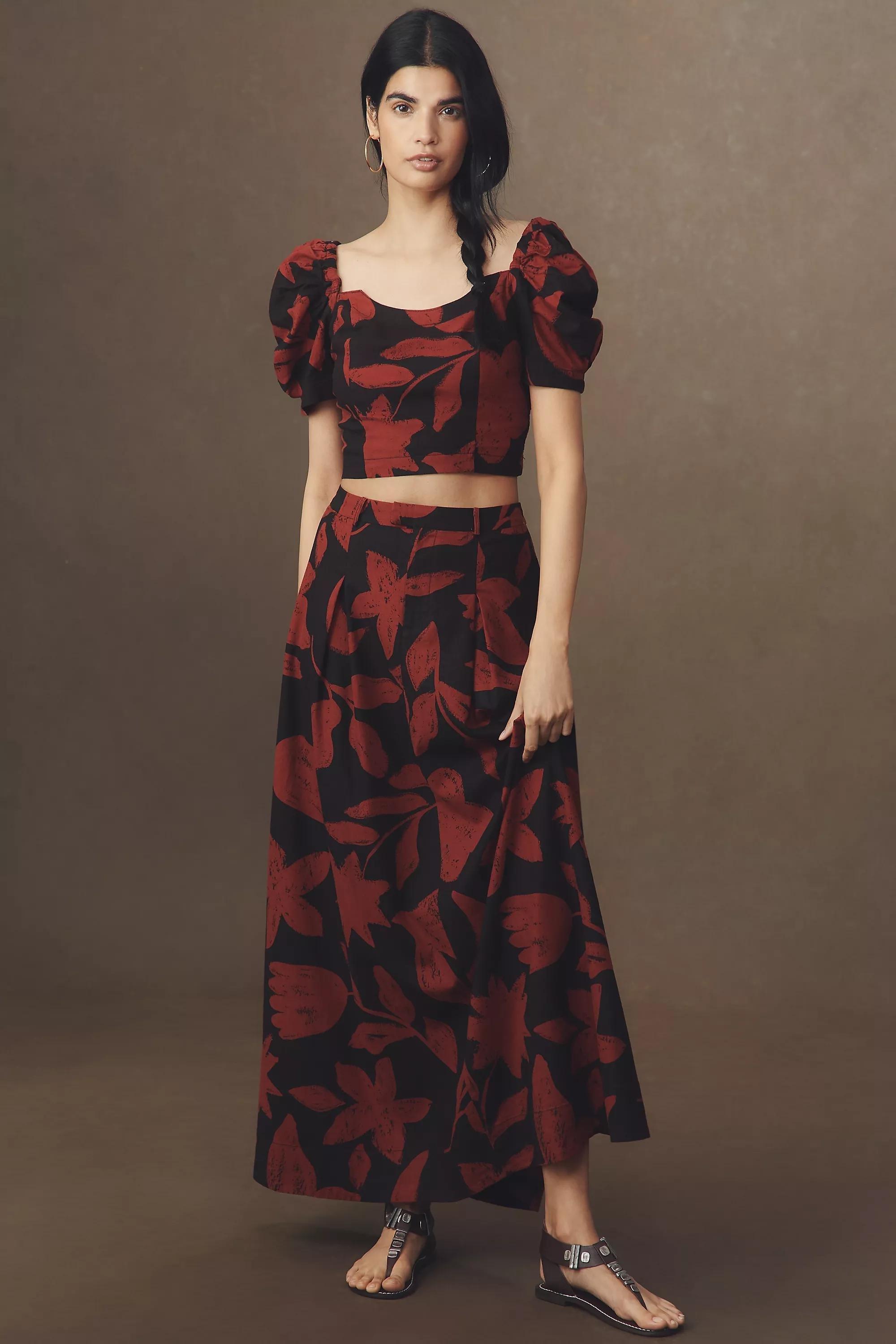 Puff-Sleeve Linen Blend Crop Top, Brown, A501_0029, large image number 6