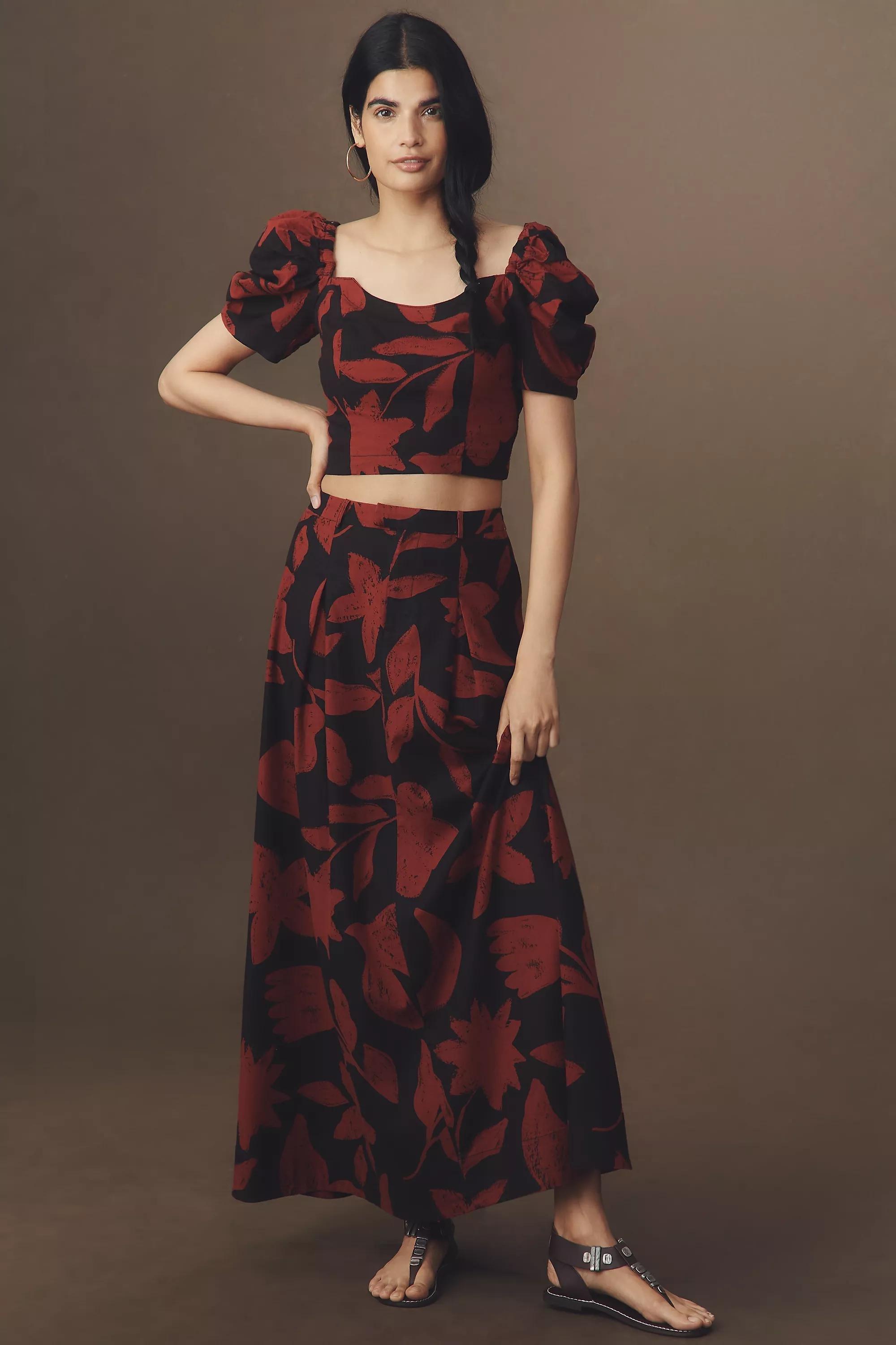 By Anthropologie Linen Blend Maxi Skirt, Brown, , medium