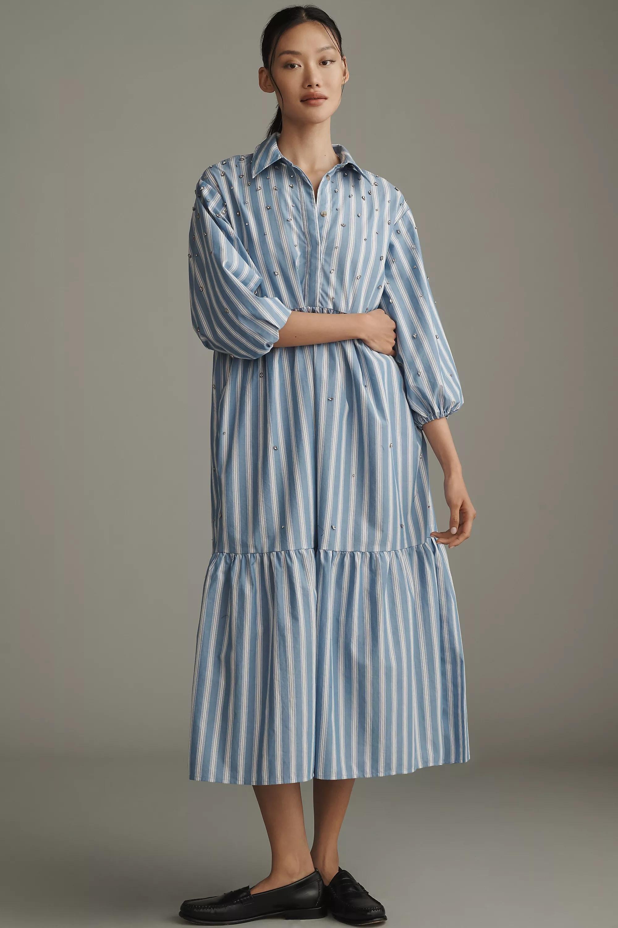 The Bettina Embellished Tiered Shirt Dress, Blue, , medium
