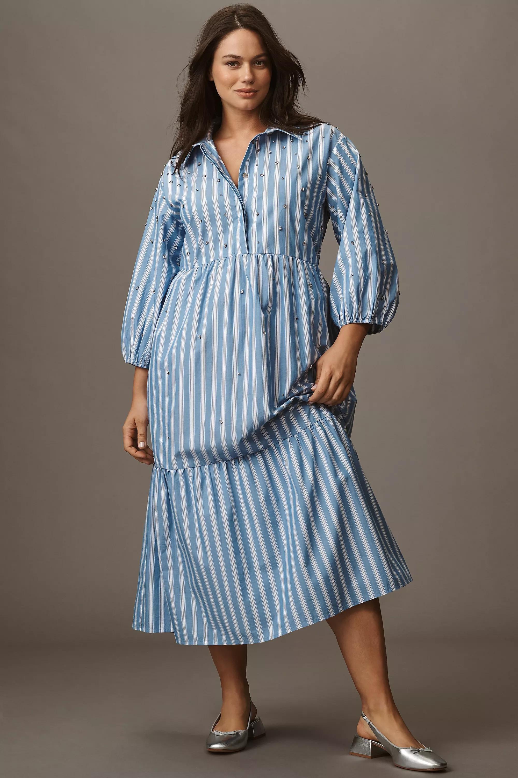 BLUE The Bettina Embellished Tiered Shirt Dress by Maeve, A501_0040, medium