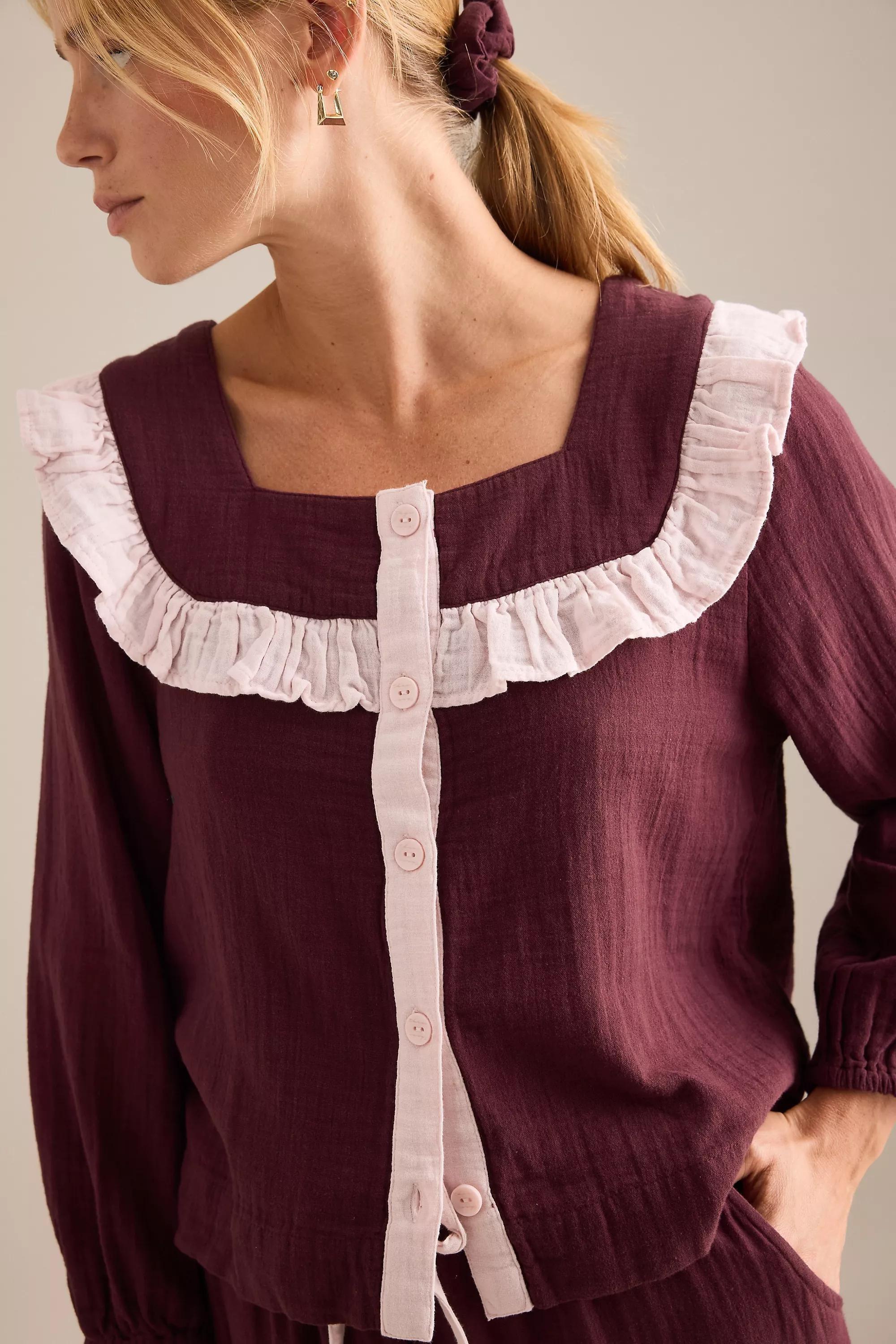 Tbco Long Ruffle Cotton Pyjama Set, Red, A501_0061, large image number 4