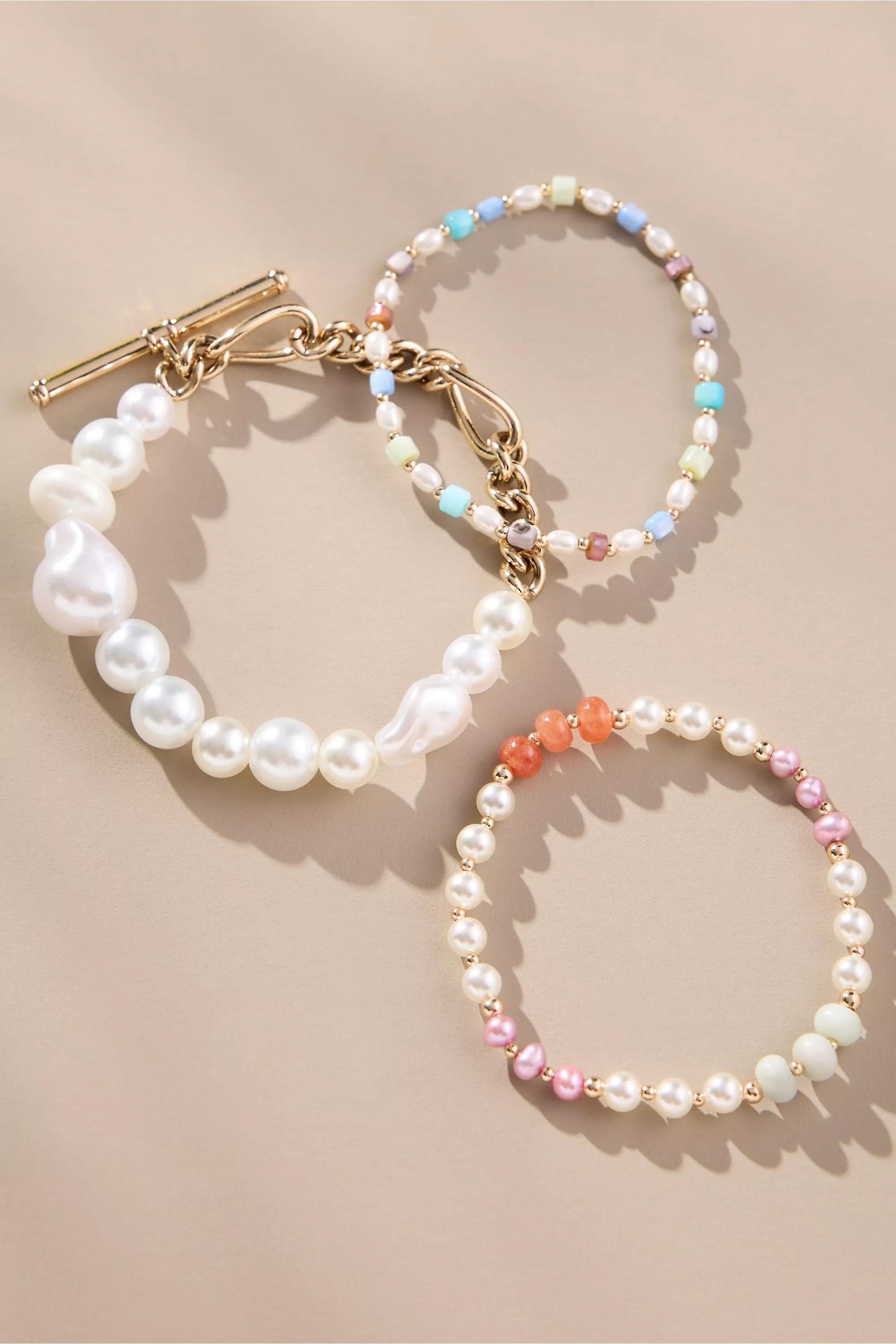 Mixed Beaded Stretch Bracelets, Set Of 3, Pearl, A501_0017, large image number 0
