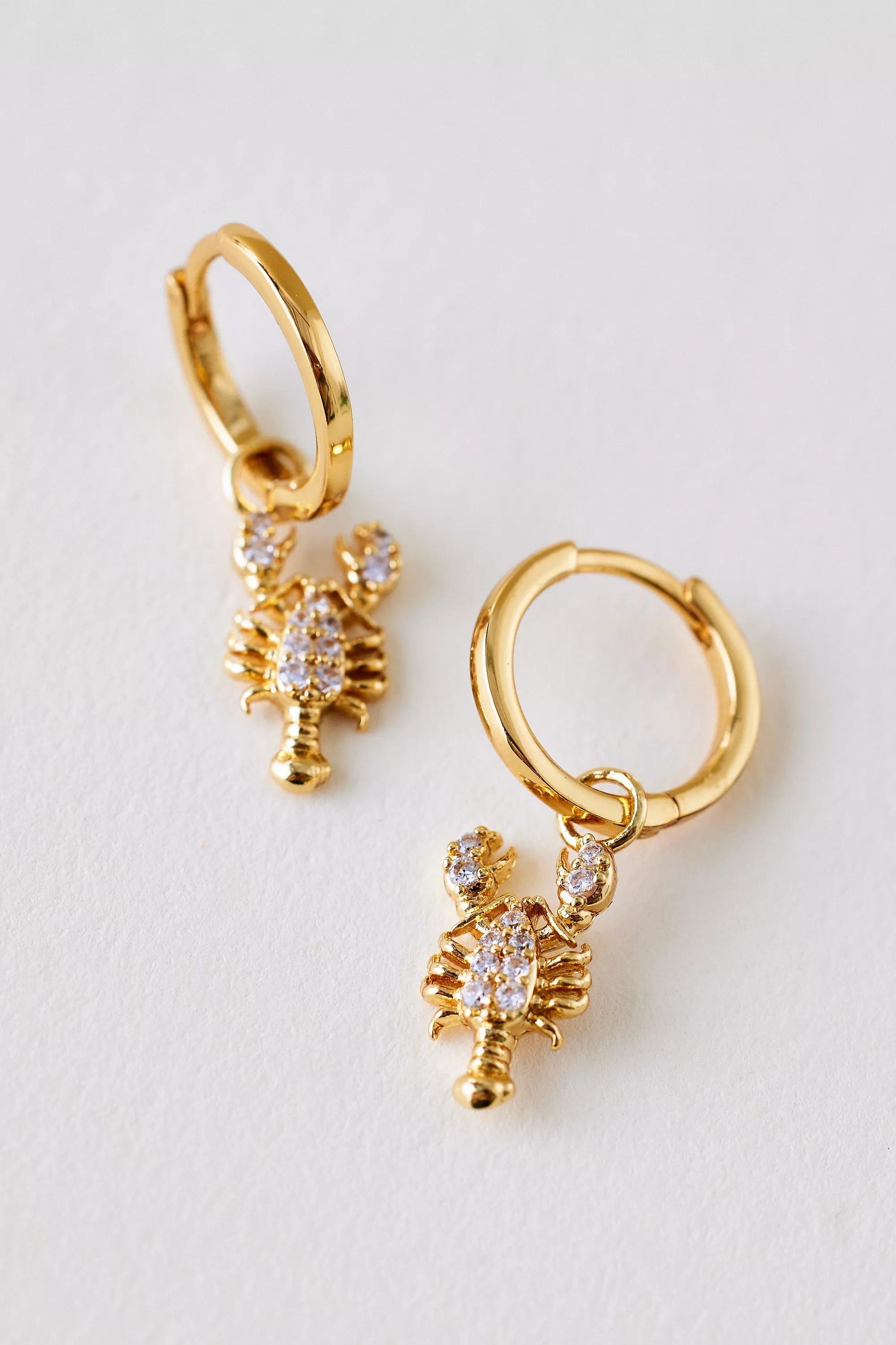 GOLD Lobster Charm Huggie Hoop Earrings, A501_0070, medium
