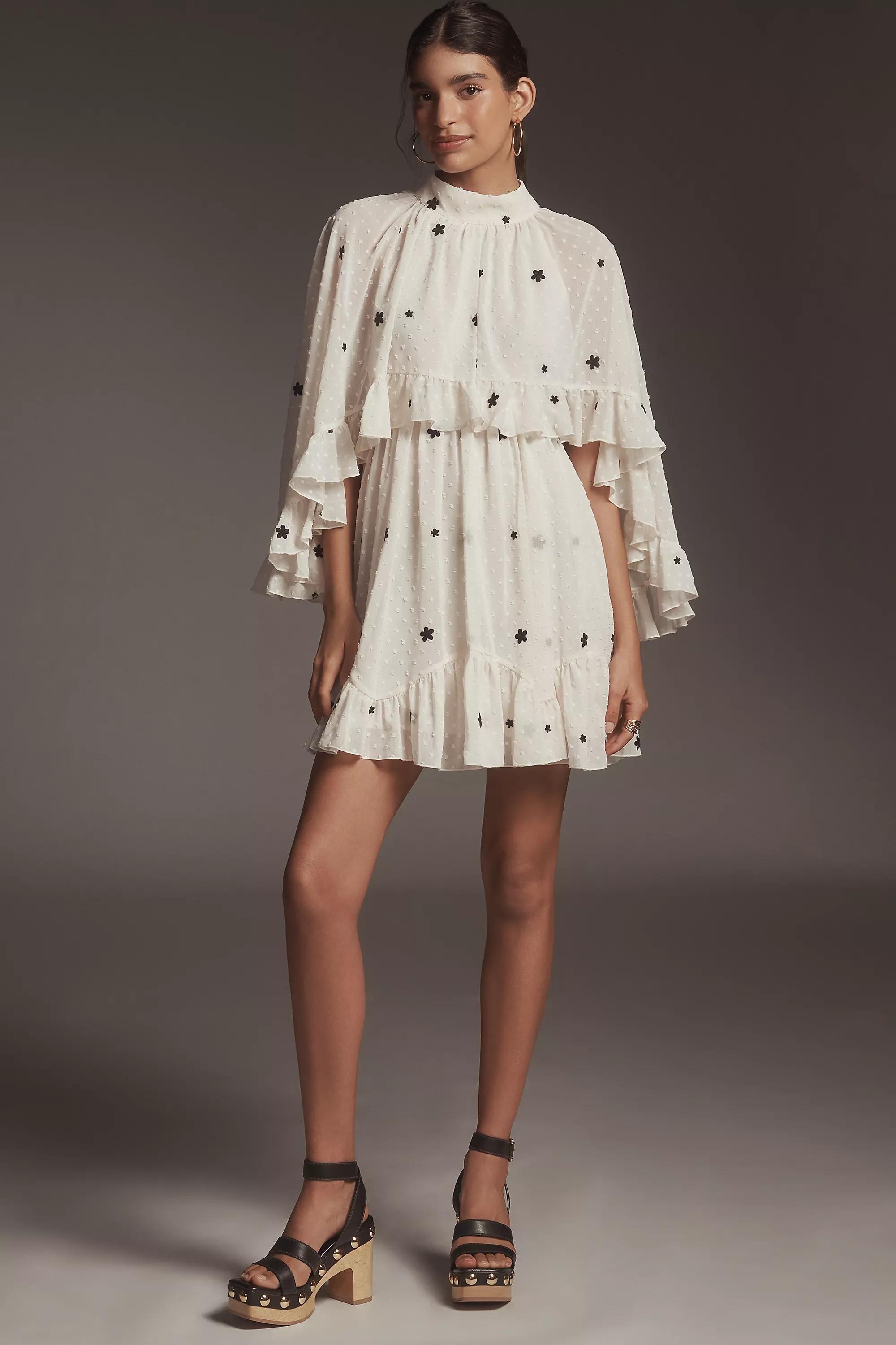 Embroidered Chiffon Cape Swing Mini Dress, White, , large image number 0
