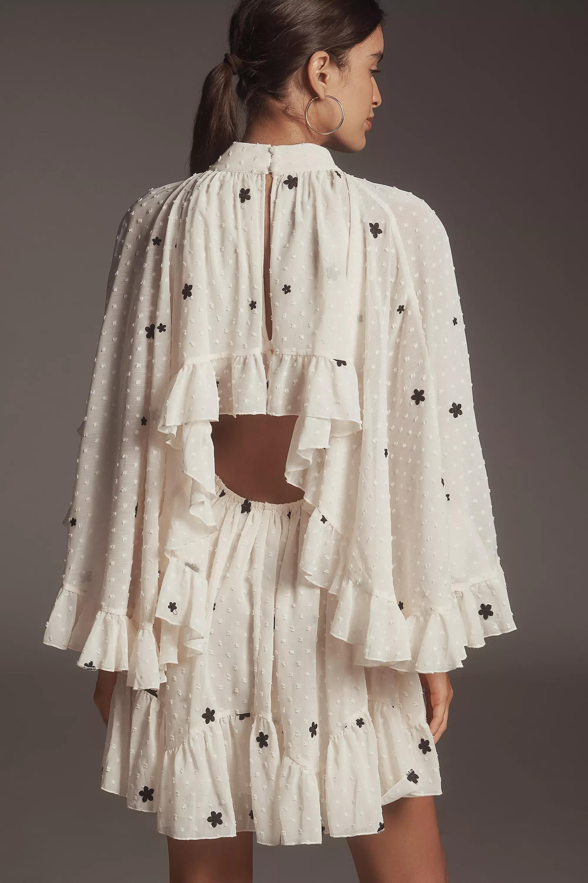 Embroidered Chiffon Cape Swing Mini Dress, White, , large image number 1