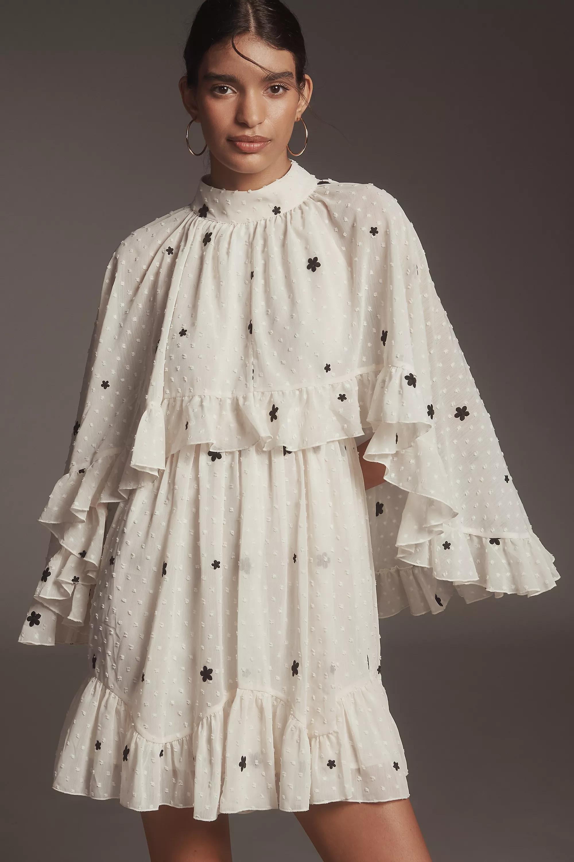 Embroidered Chiffon Cape Swing Mini Dress, White, , large image number 2