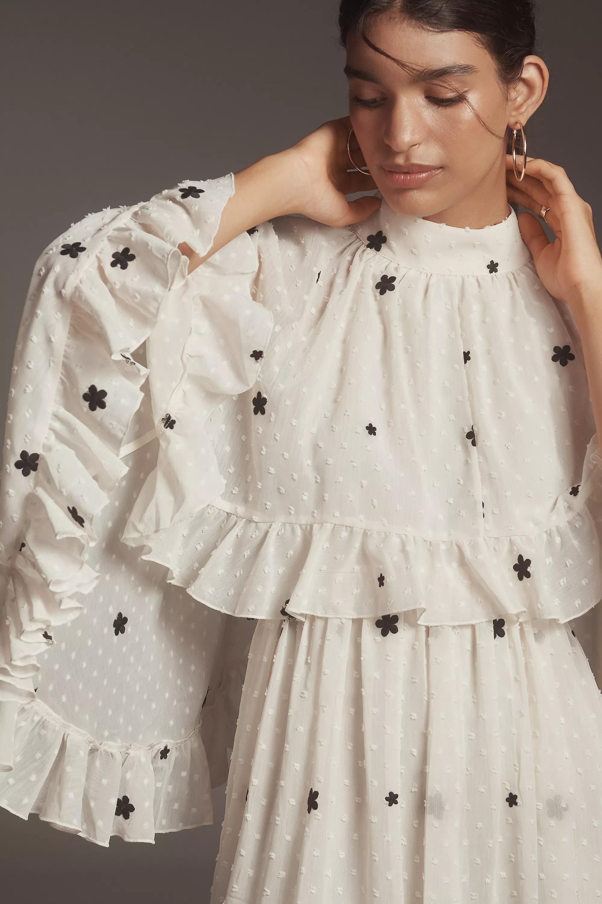 Embroidered Chiffon Cape Swing Mini Dress, White, , large image number 3