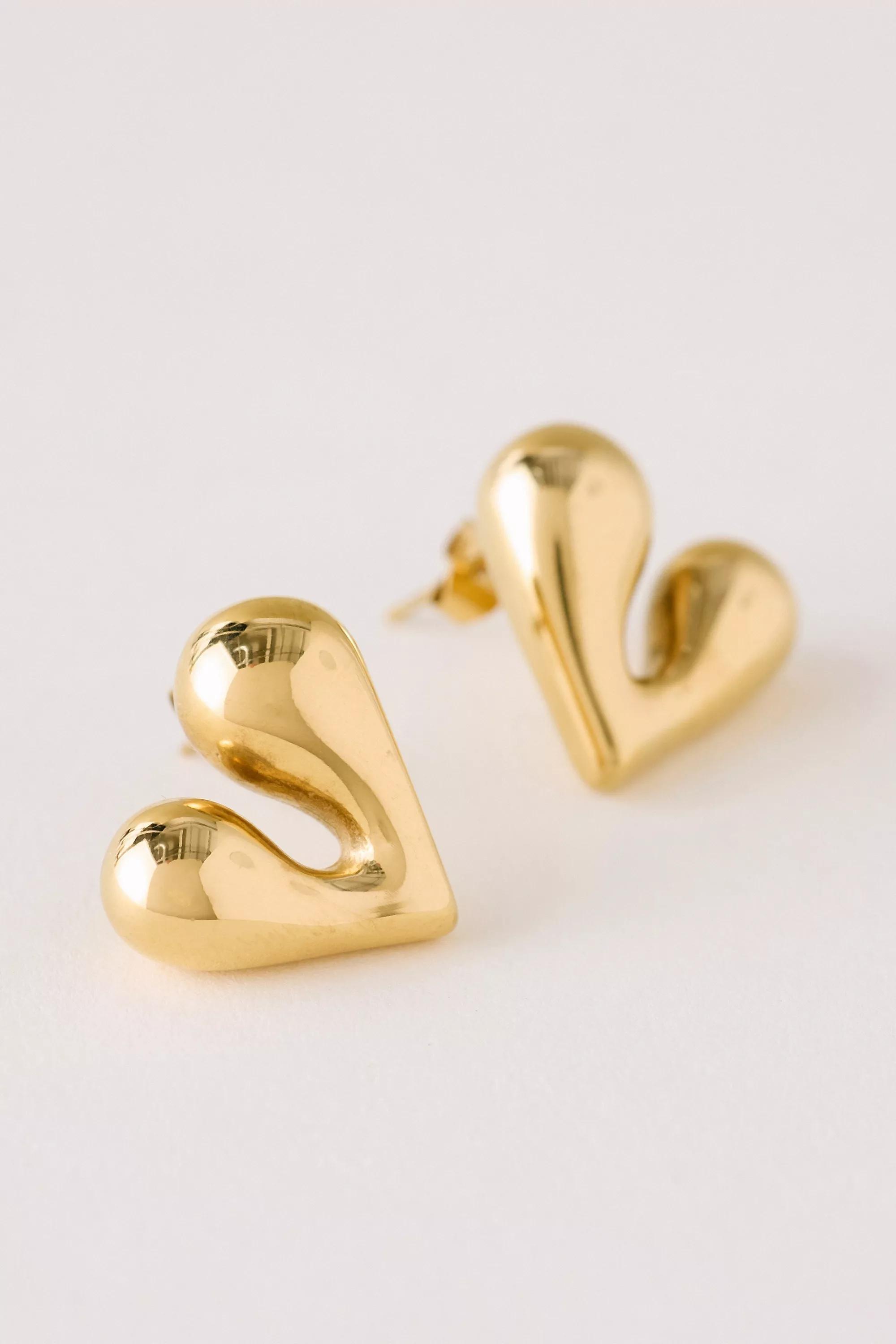 Puffy Heart Post Earrings, Gold, A501_0070, medium