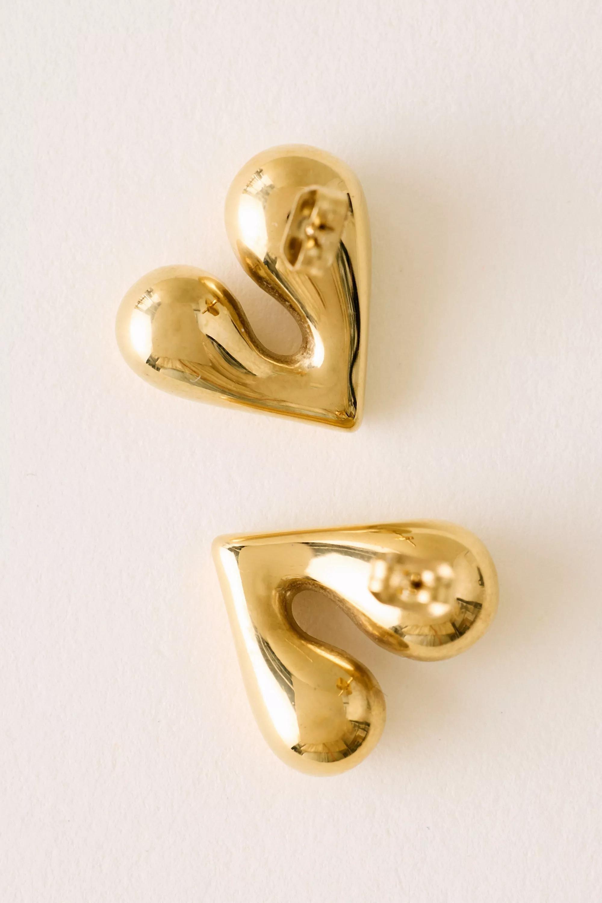 Puffy Heart Post Earrings, Gold, A501_0070, large image number 1