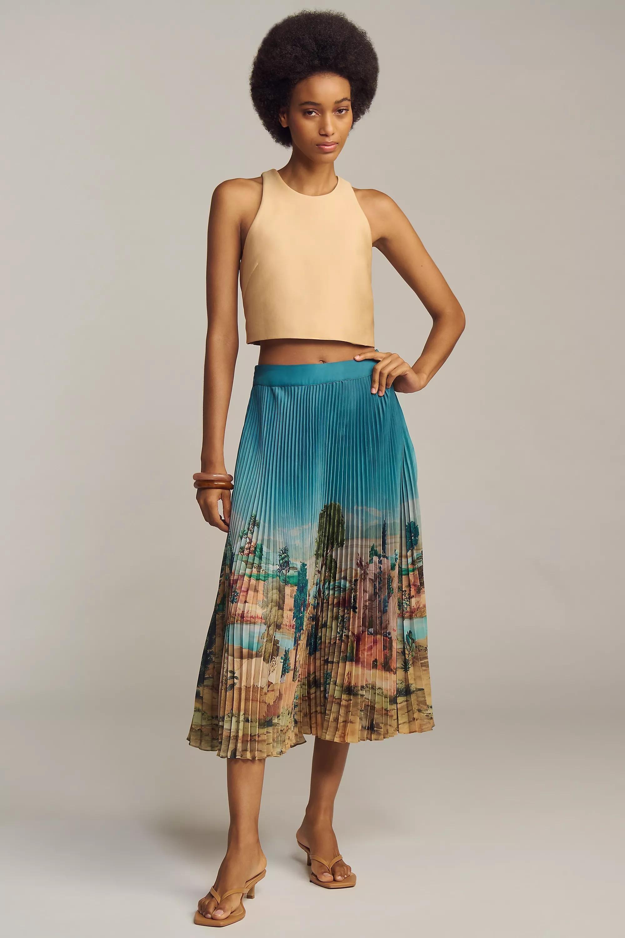 Ranna Gill Tuscany Pleated Midi Skirt, Blue, , medium