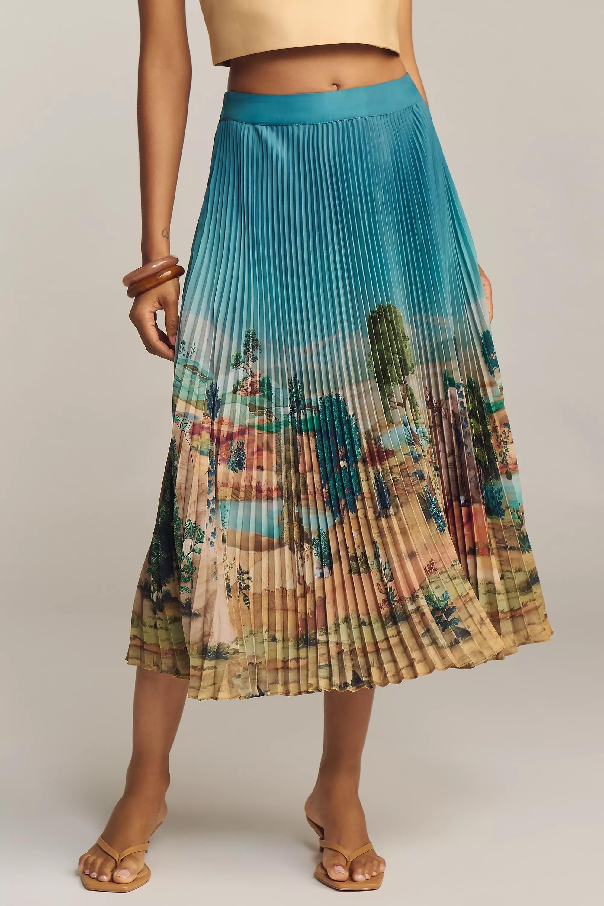 Ranna Gill Tuscany Pleated Midi Skirt, Blue, , large image number 2