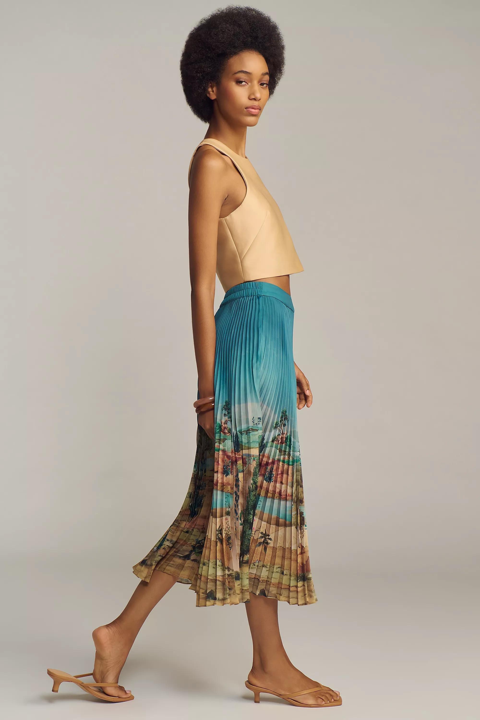 Ranna Gill Tuscany Pleated Midi Skirt, Blue, , large image number 3