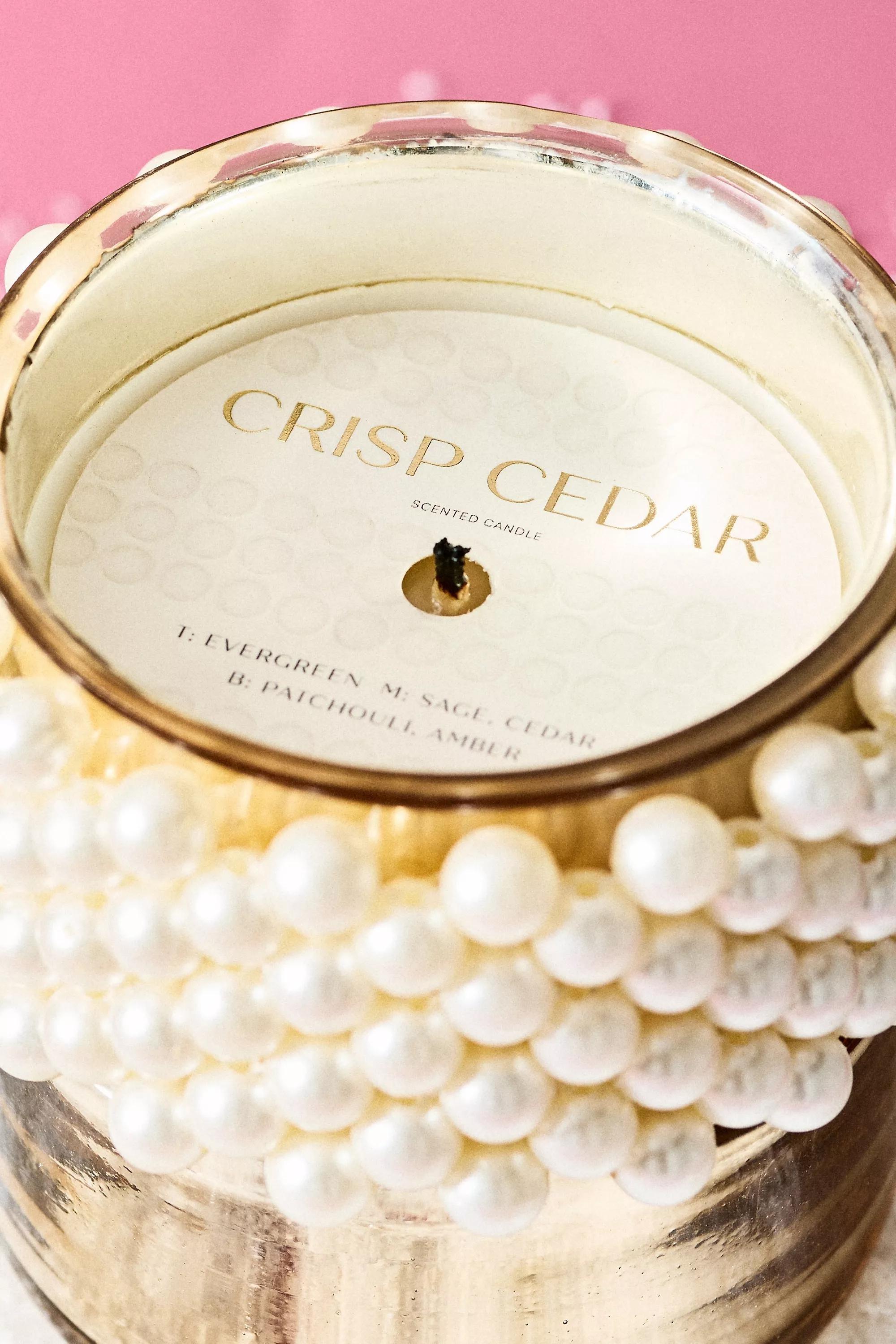 GOLD Pearled Cuff Woody Crisp Cedar Glass Candle, A501_0070, large image number 1