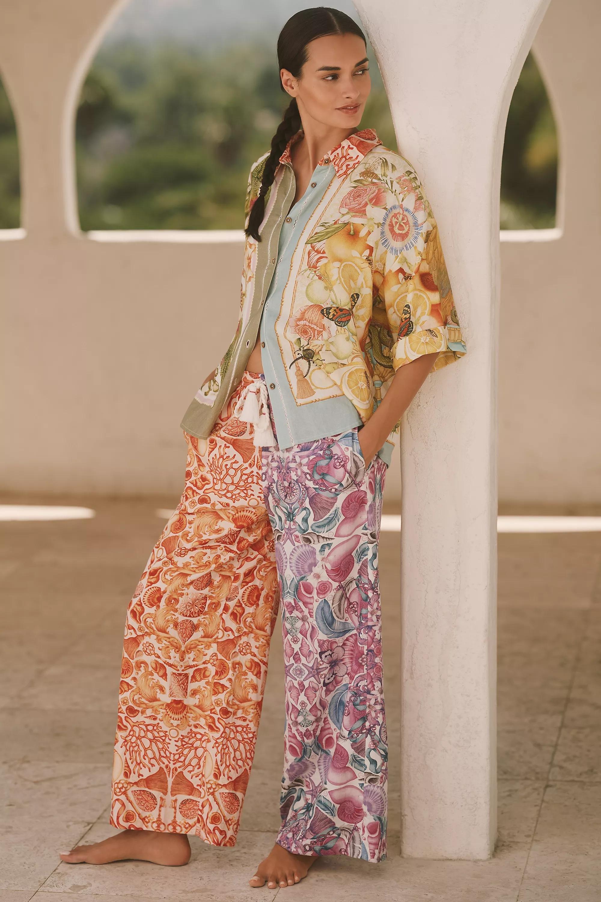 Multicolour Emily Carter X Celandine Printed Wide-Leg Linen Trousers, A501_0090, medium